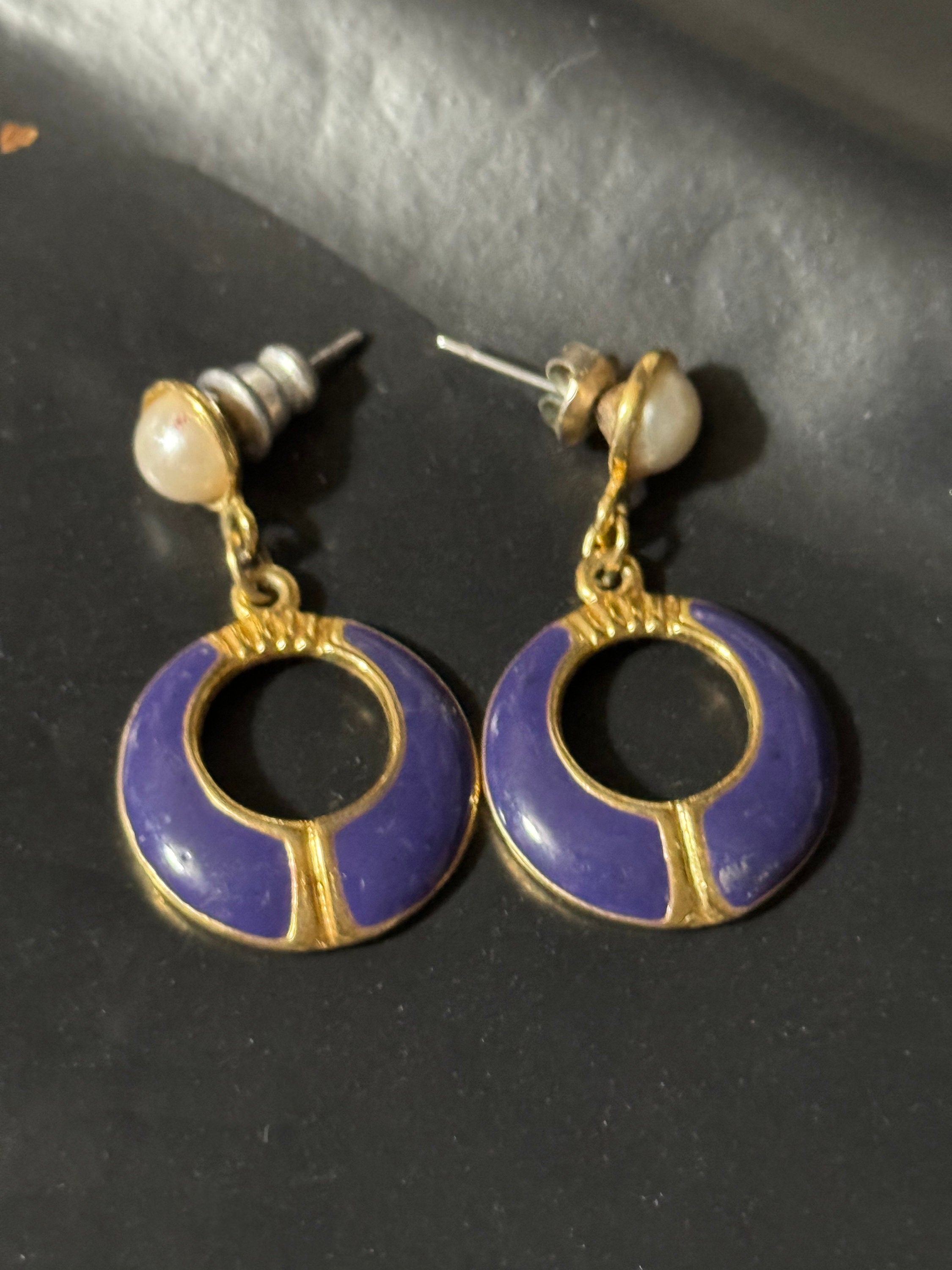 Vintage purple enamel door knocker drop earrings for pierced ears