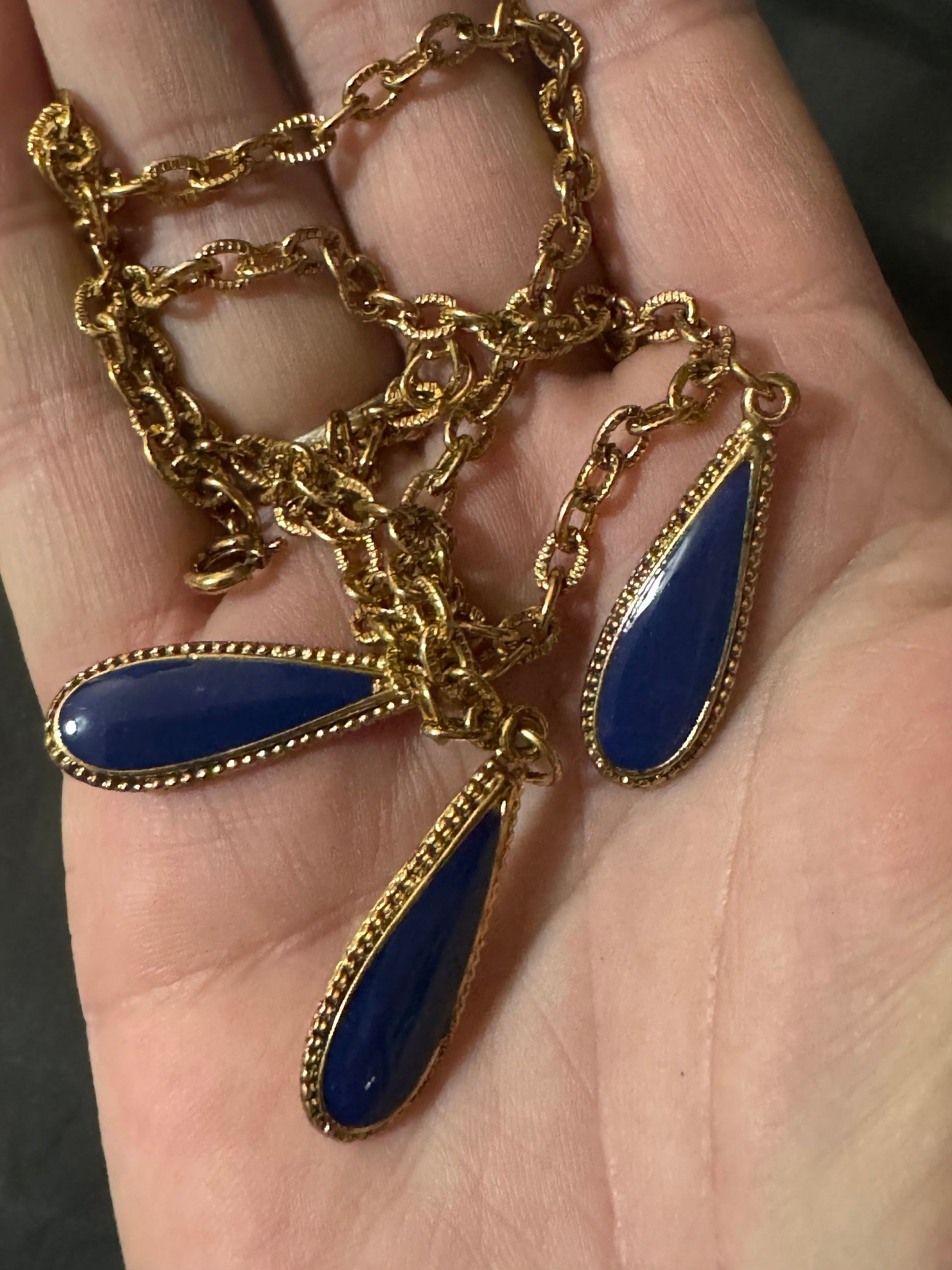 True vintage blue enamel teardrop gold tone choker necklace old shop stock