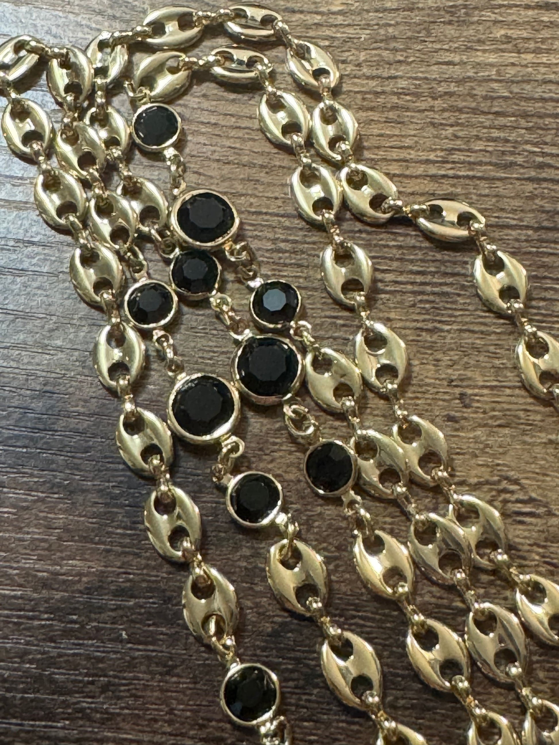 80cm 6mm gold plated black glass mariner coffee bean long rivière bezel chain necklace