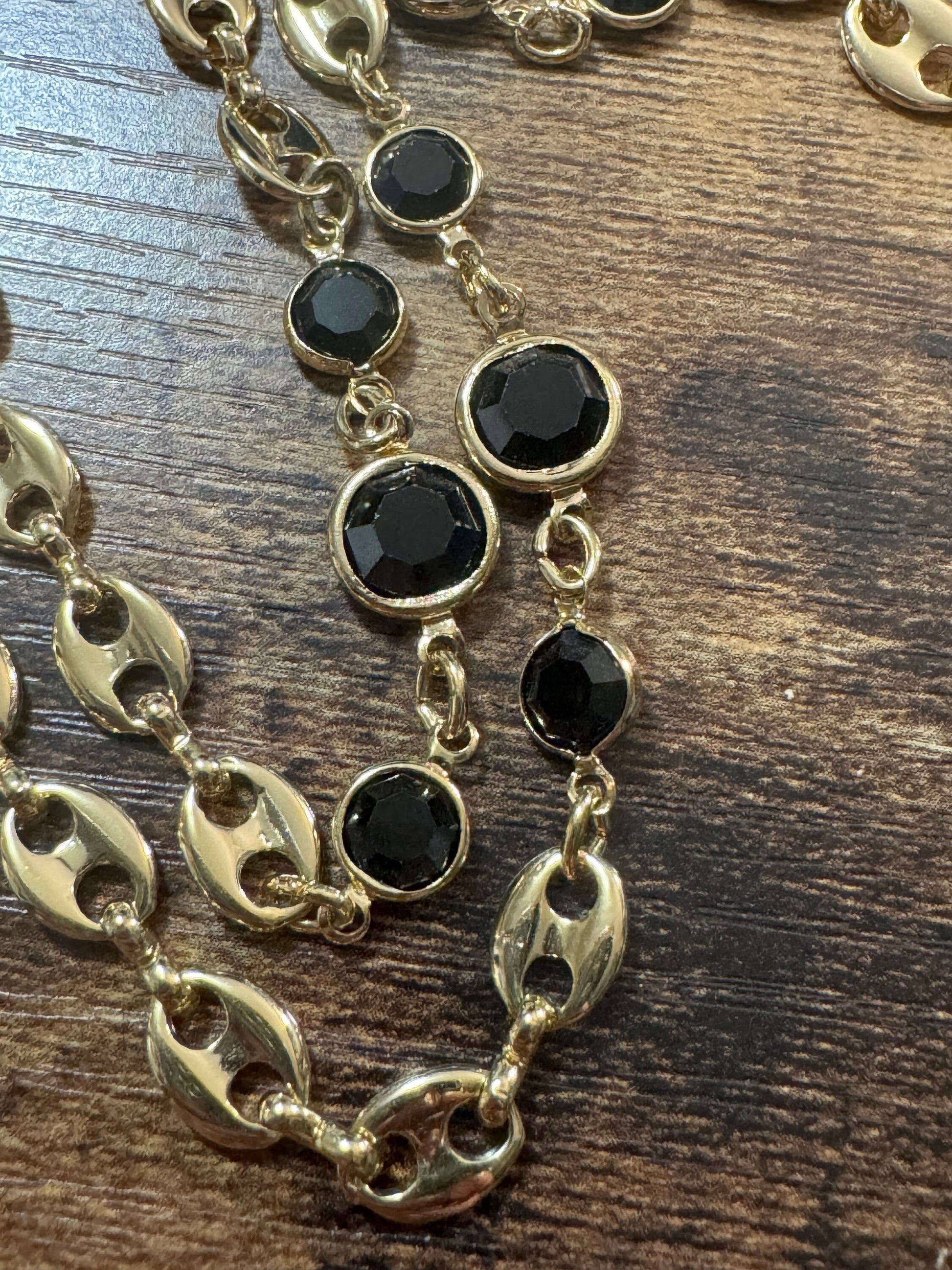 80cm 6mm gold plated black glass mariner coffee bean long rivière bezel chain necklace