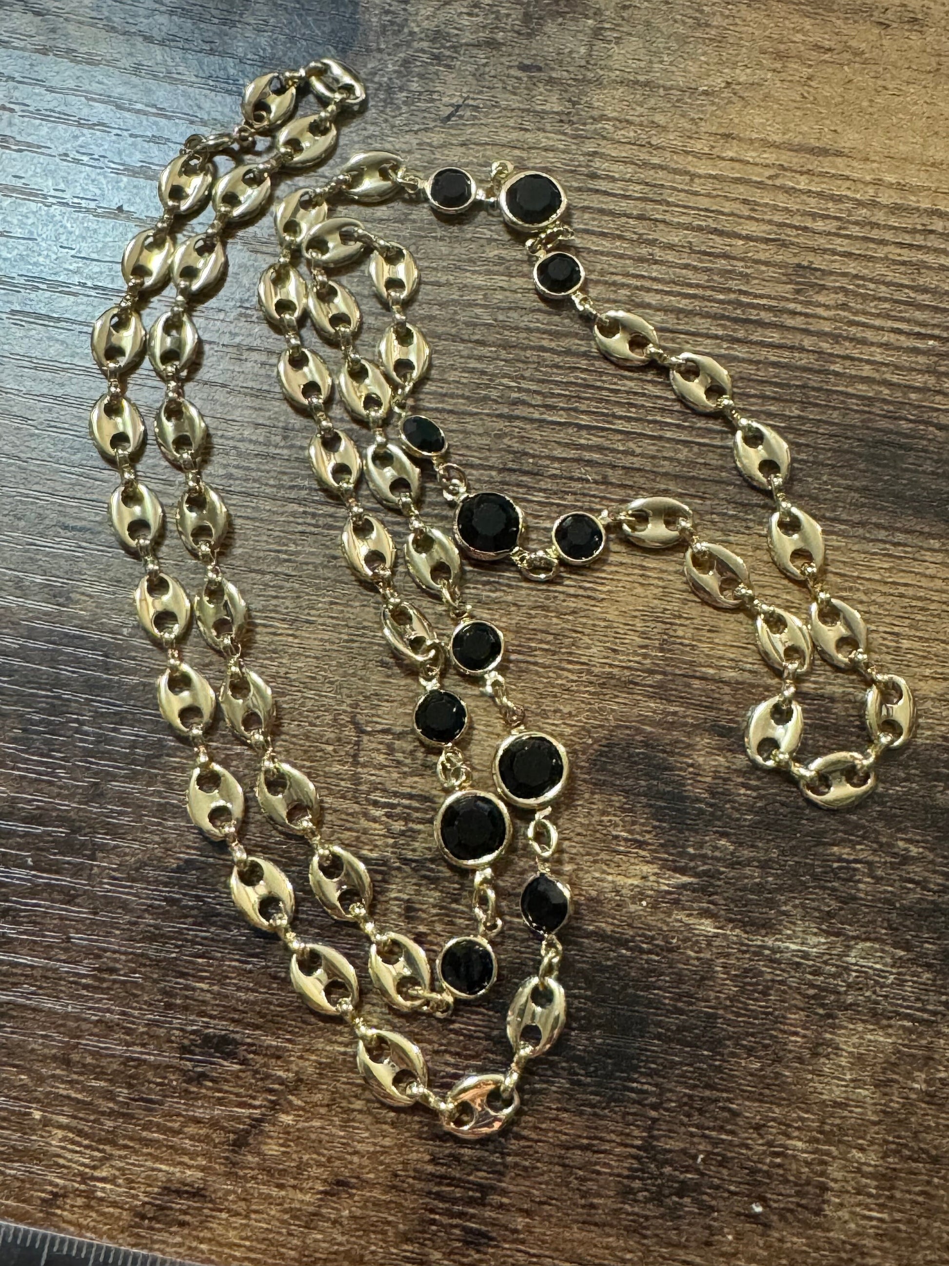 80cm 6mm gold plated black glass mariner coffee bean long rivière bezel chain necklace