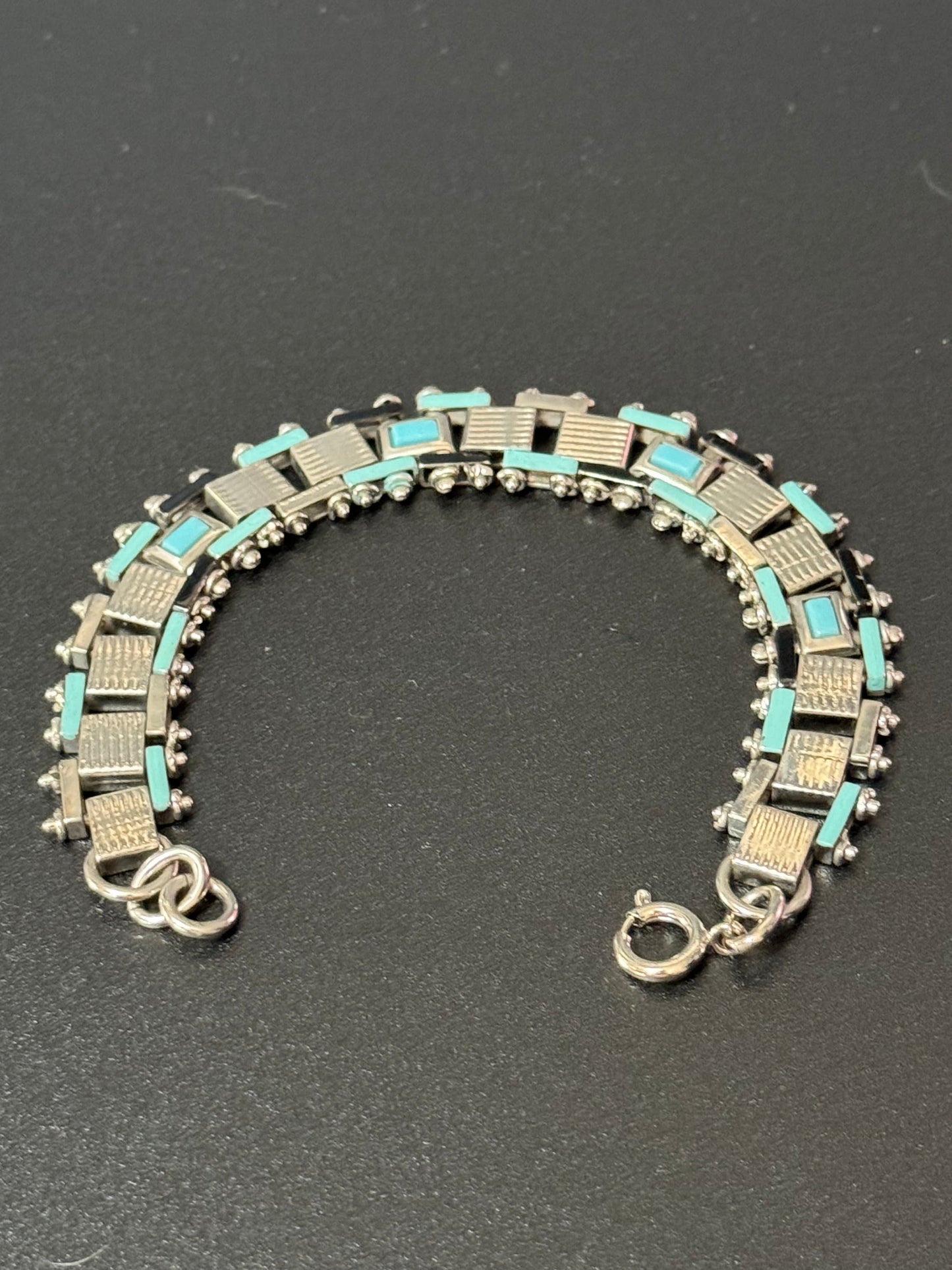 True antique Jakob Bengel modernist 1920s turquoise blue enamel brickwork geometric chain link bracelet old shop stock Germany