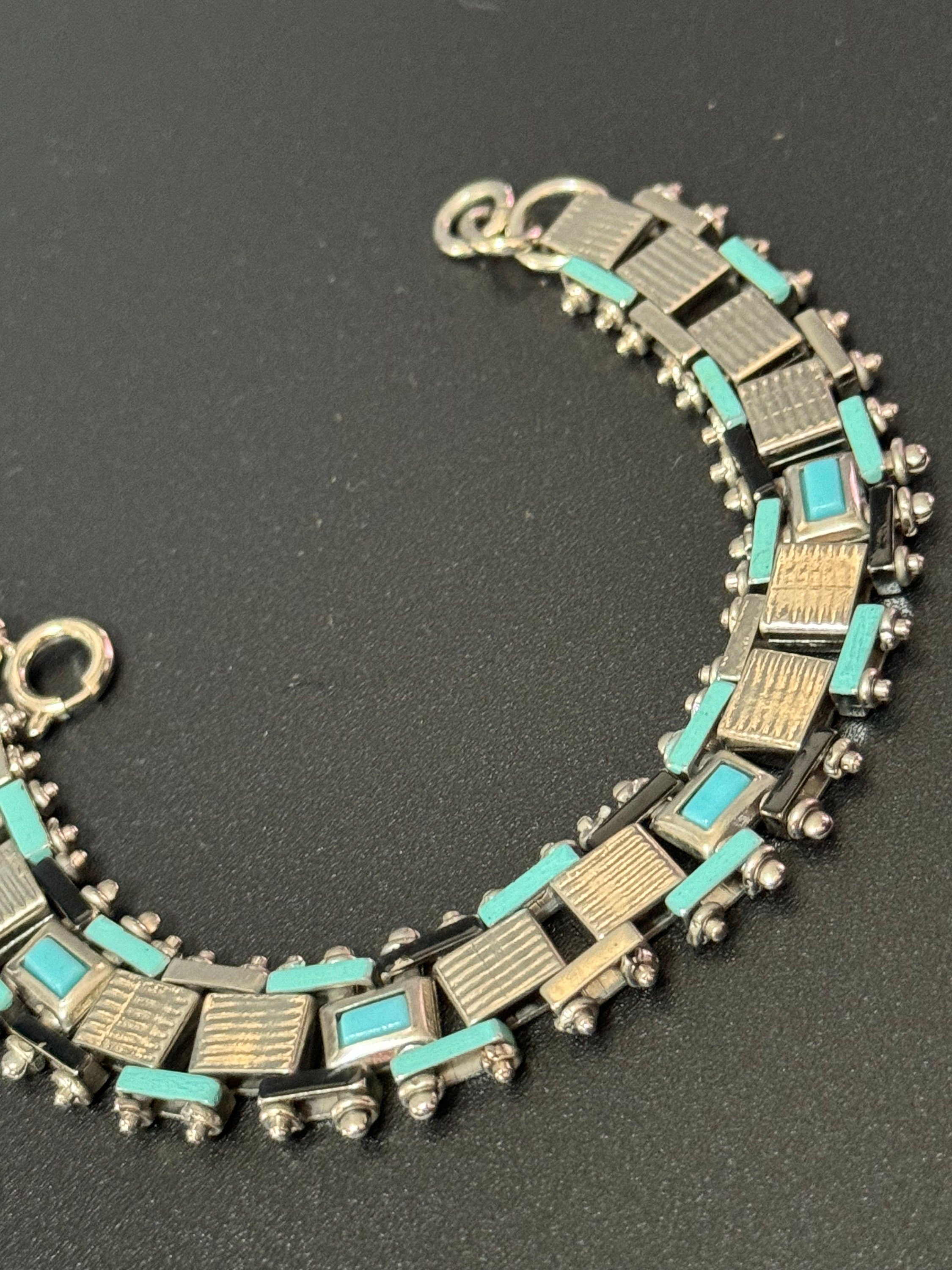 True antique Jakob Bengel modernist 1920s turquoise blue enamel brickwork geometric chain link bracelet old shop stock Germany