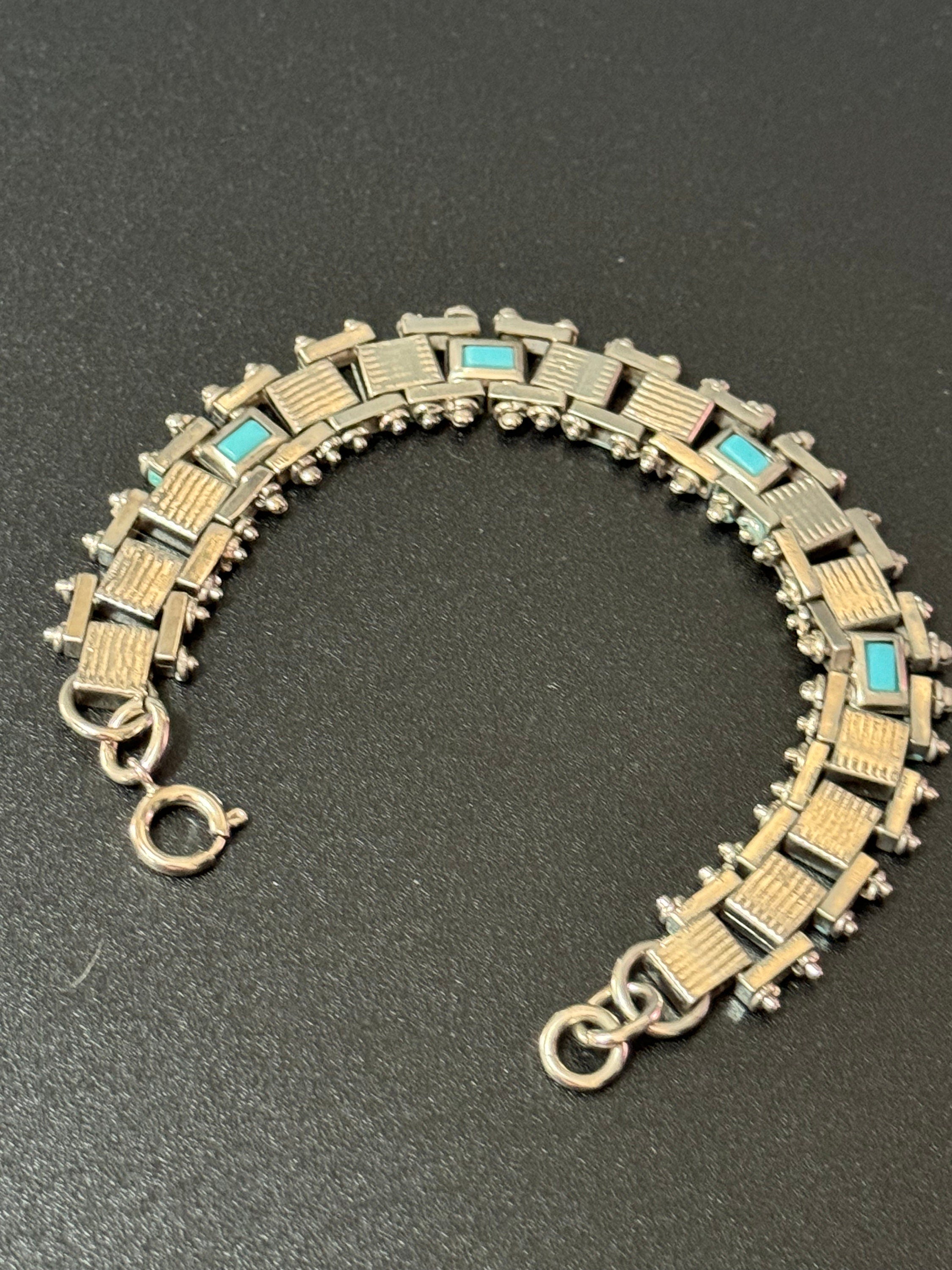 True antique Jakob Bengel modernist 1920s turquoise blue enamel brickwork geometric chain link bracelet old shop stock Germany