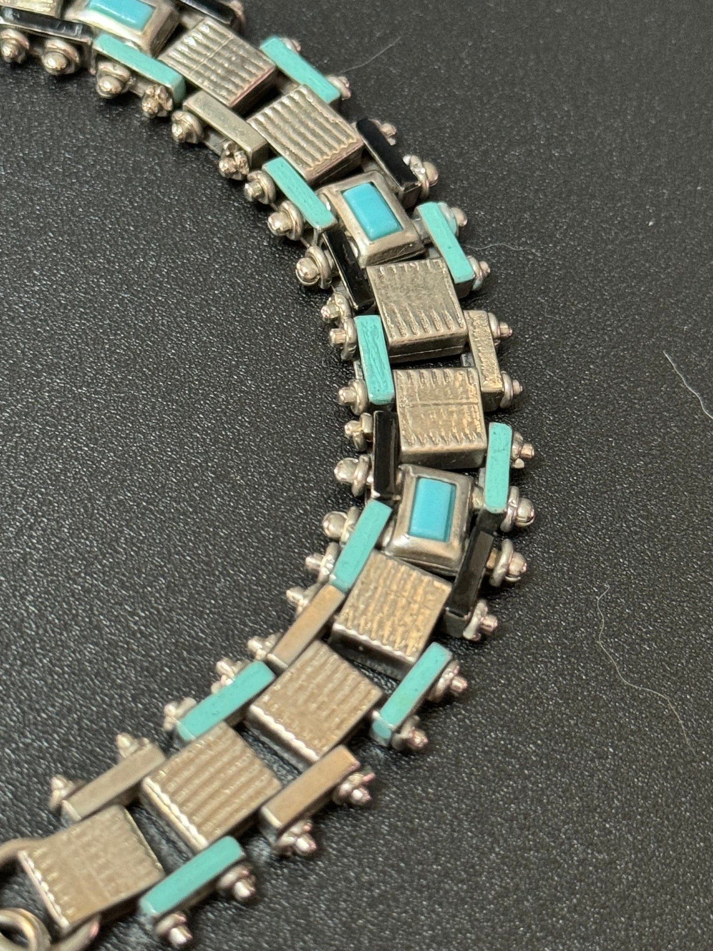 True antique Jakob Bengel modernist 1920s turquoise blue enamel brickwork geometric chain link bracelet old shop stock Germany