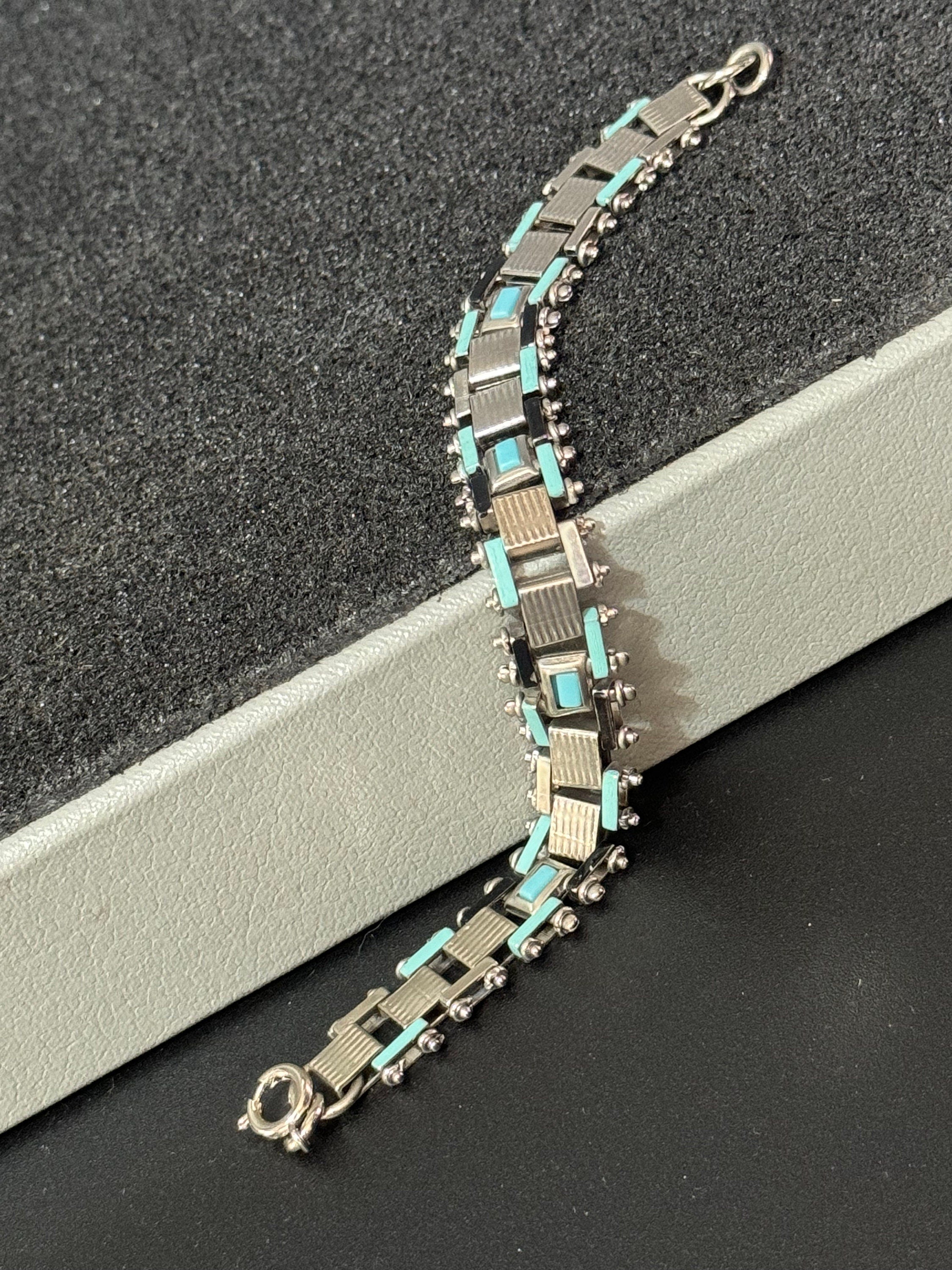 True antique Jakob Bengel modernist 1920s turquoise blue enamel brickwork geometric chain link bracelet old shop stock Germany