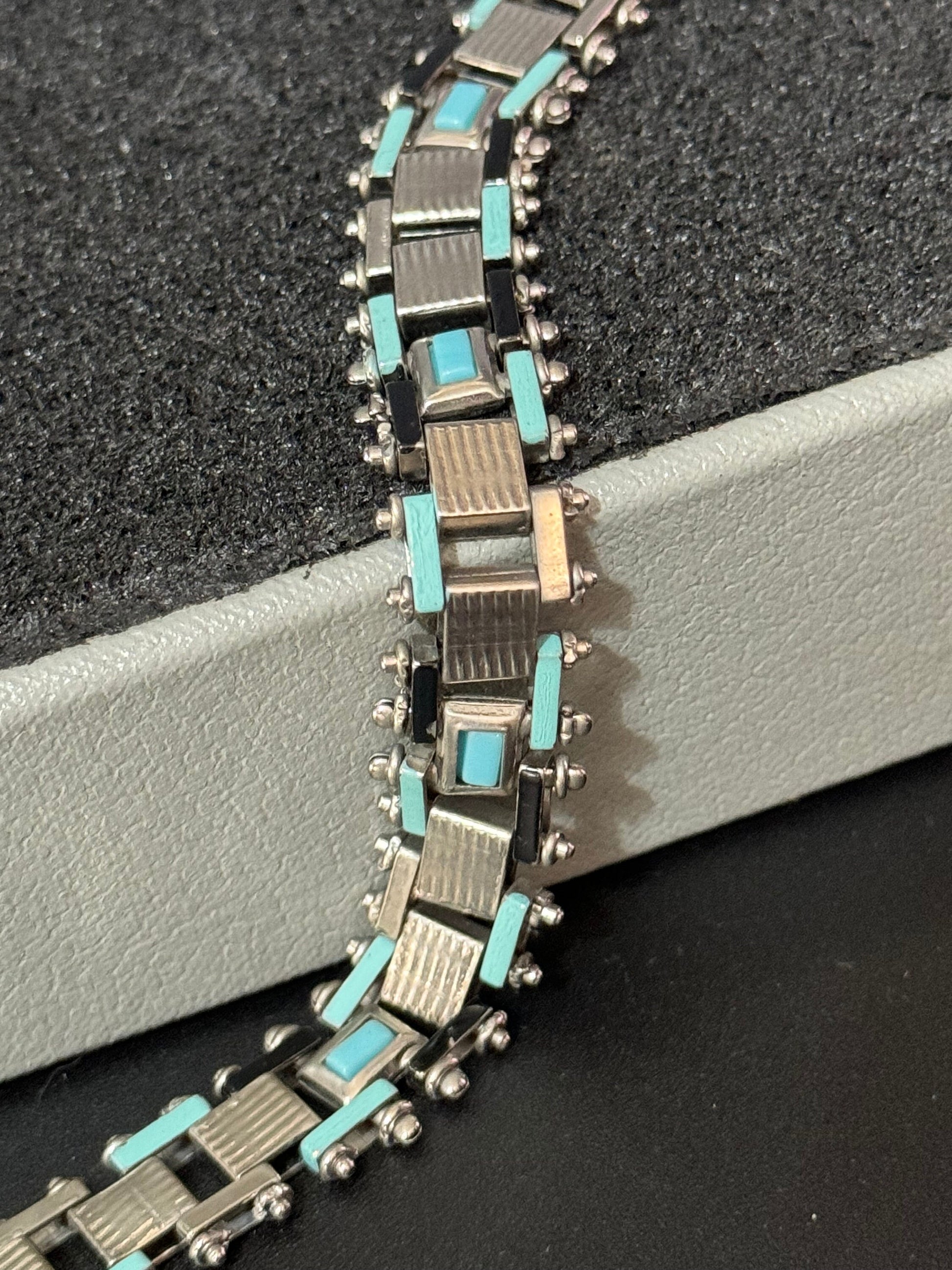 True antique Jakob Bengel modernist 1920s turquoise blue enamel brickwork geometric chain link bracelet old shop stock Germany