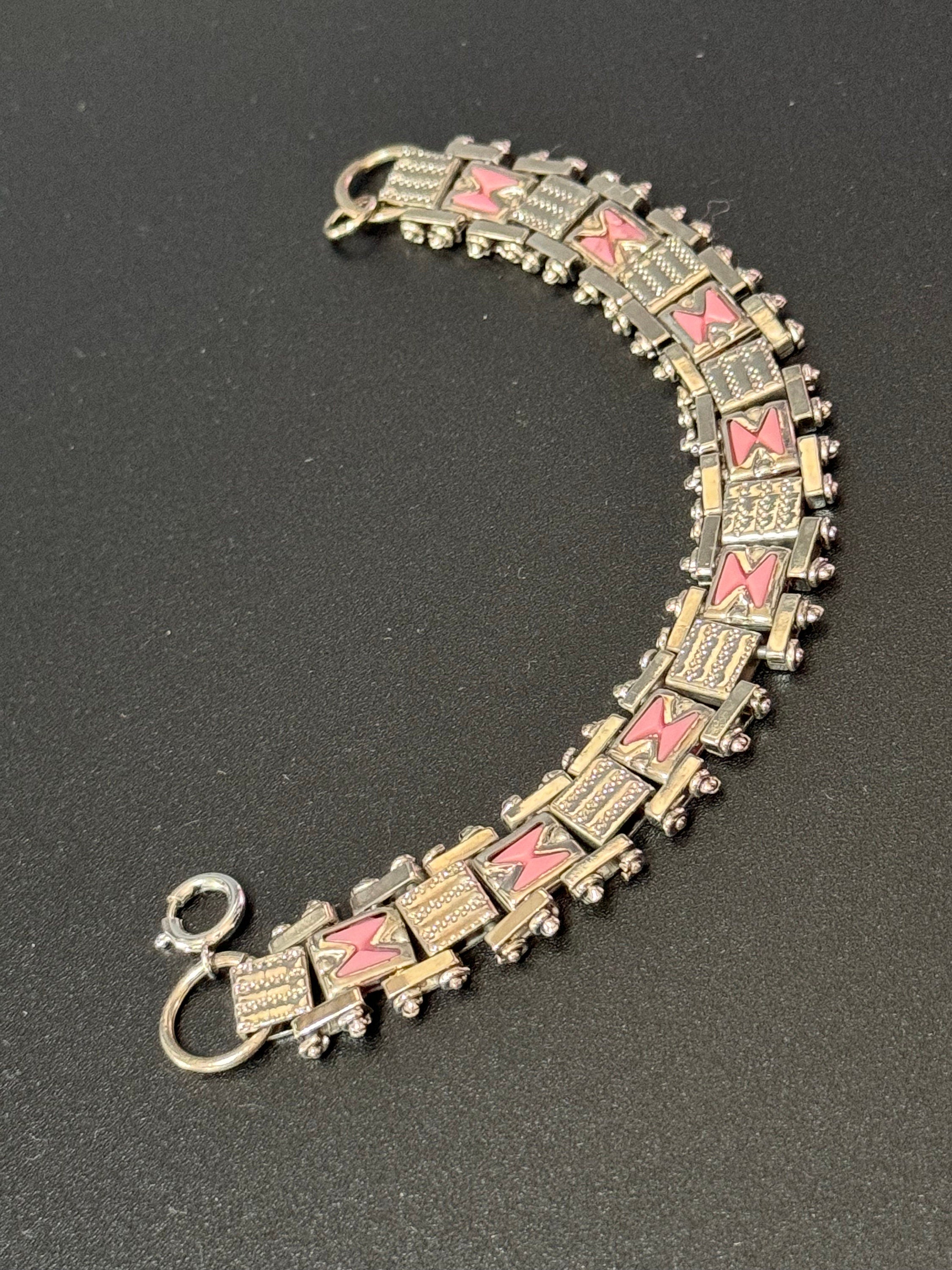 True antique Jakob Bengel modernist chromed silver metal 1920s pink enamel brickwork geometric chain link bracelet old shop stock Germany