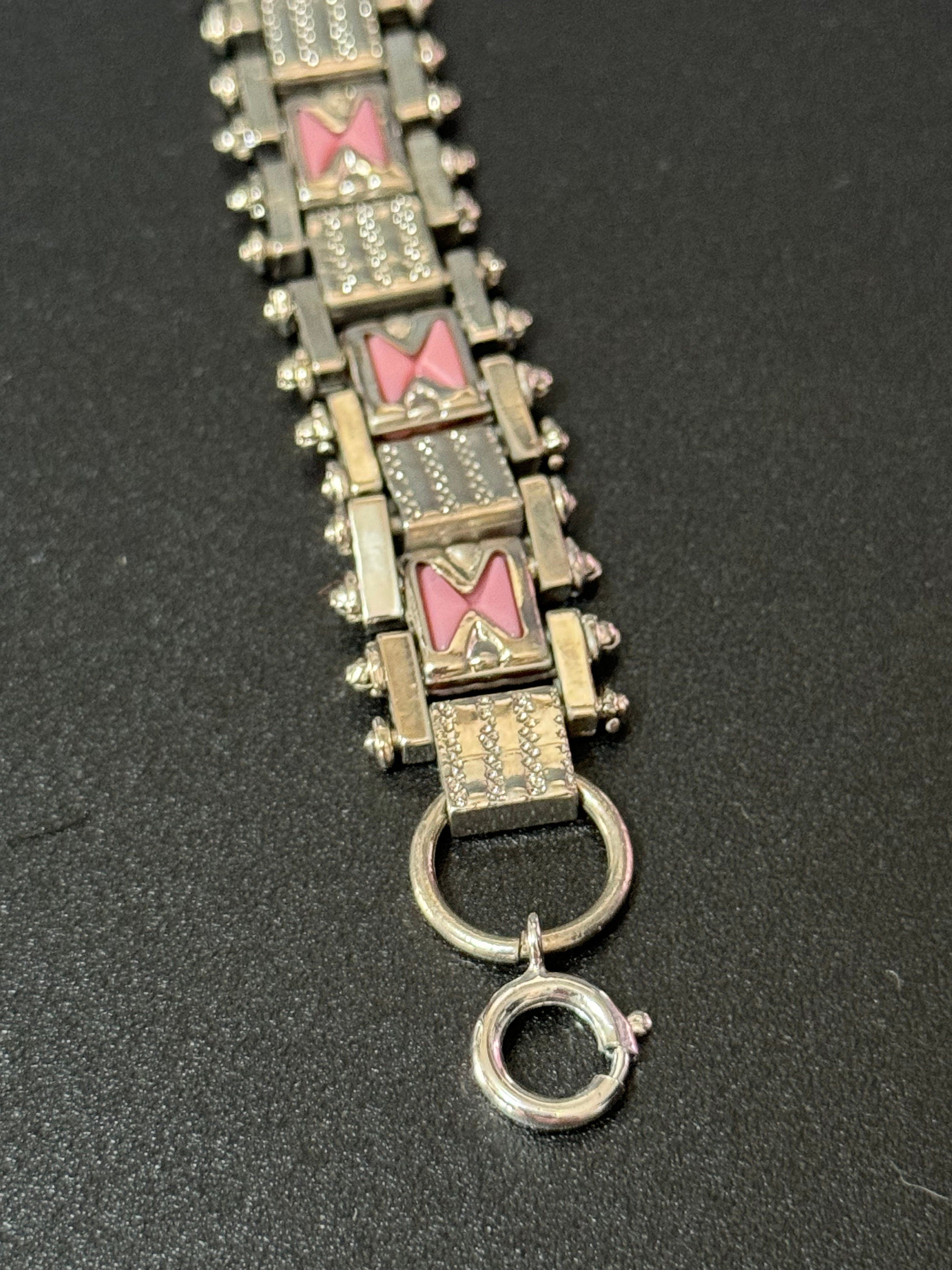 True antique Jakob Bengel modernist chromed silver metal 1920s pink enamel brickwork geometric chain link bracelet old shop stock Germany