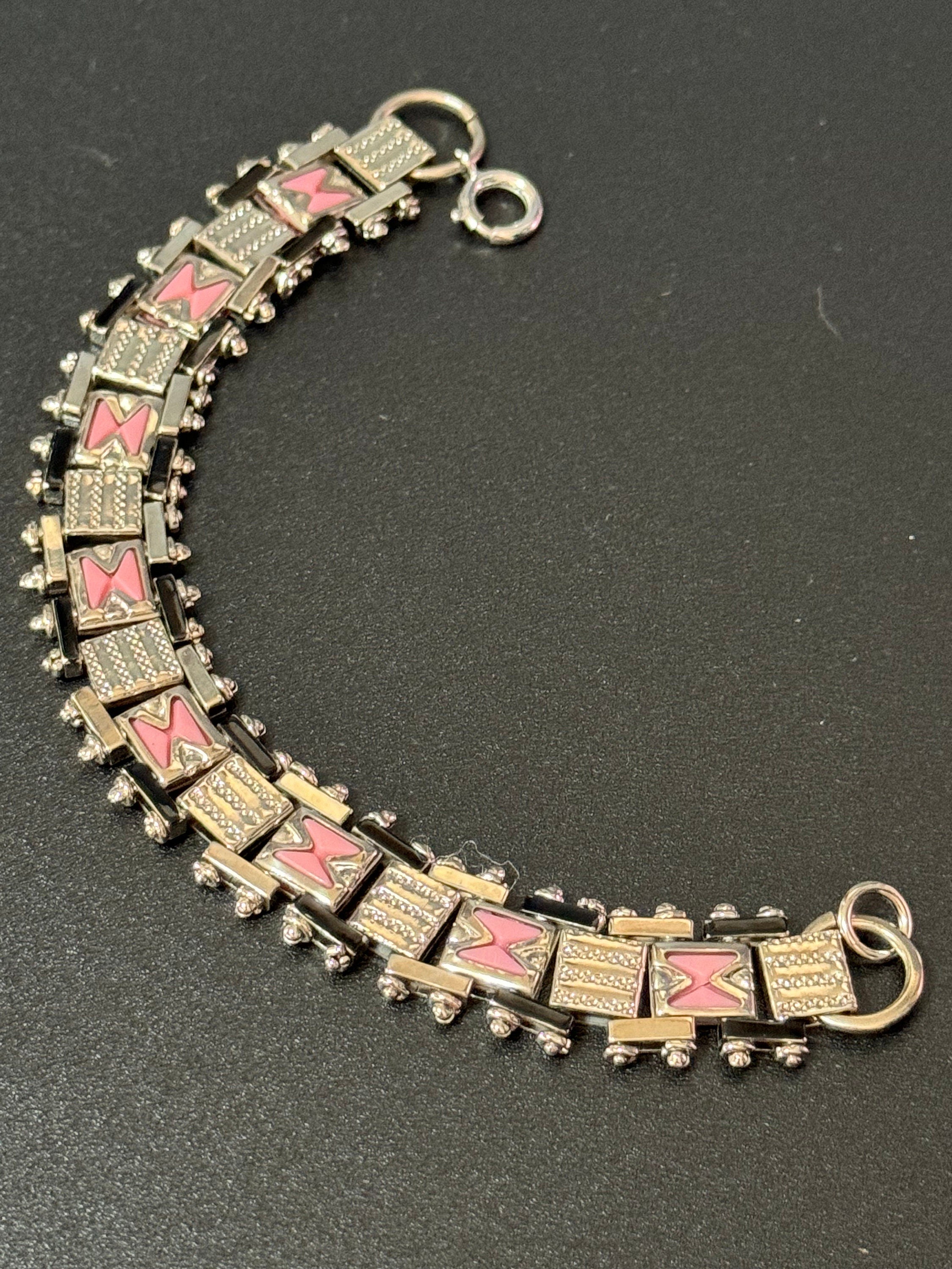 True antique Jakob Bengel modernist chromed silver metal 1920s pink enamel brickwork geometric chain link bracelet old shop stock Germany