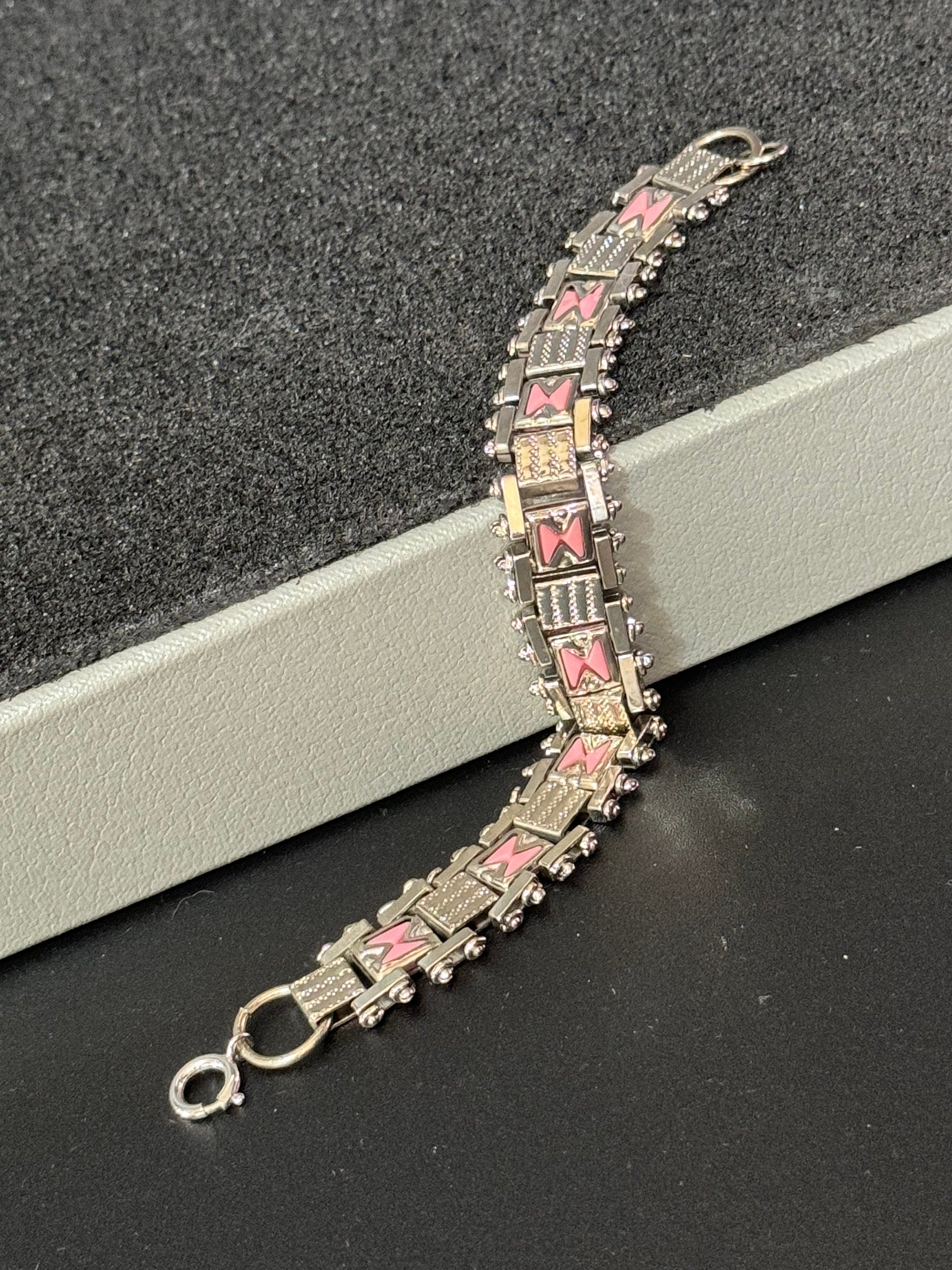 True antique Jakob Bengel modernist chromed silver metal 1920s pink enamel brickwork geometric chain link bracelet old shop stock Germany