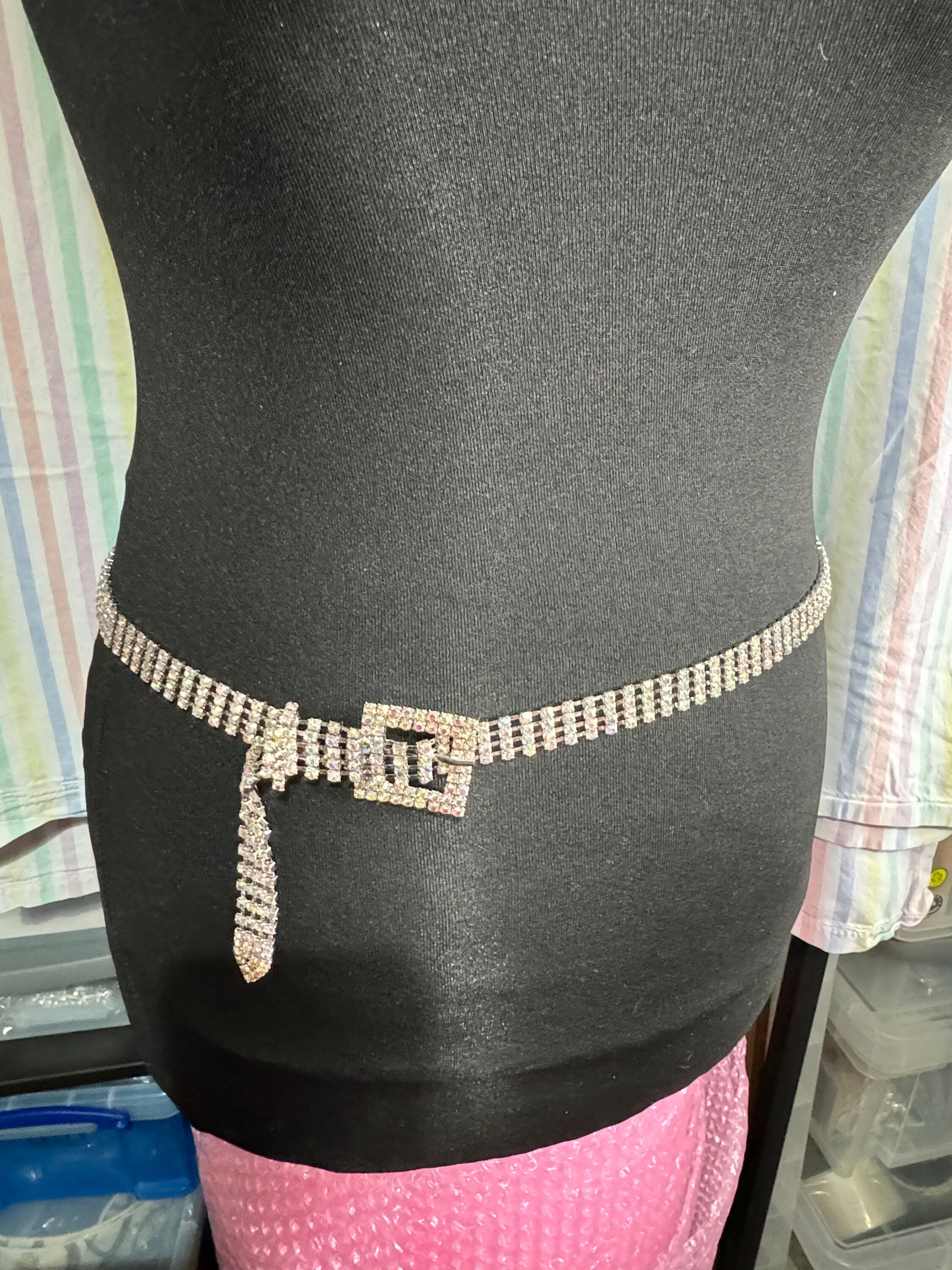 Ladies silver tone AB rainbow diamanté chain link belt adjustable to 102cm