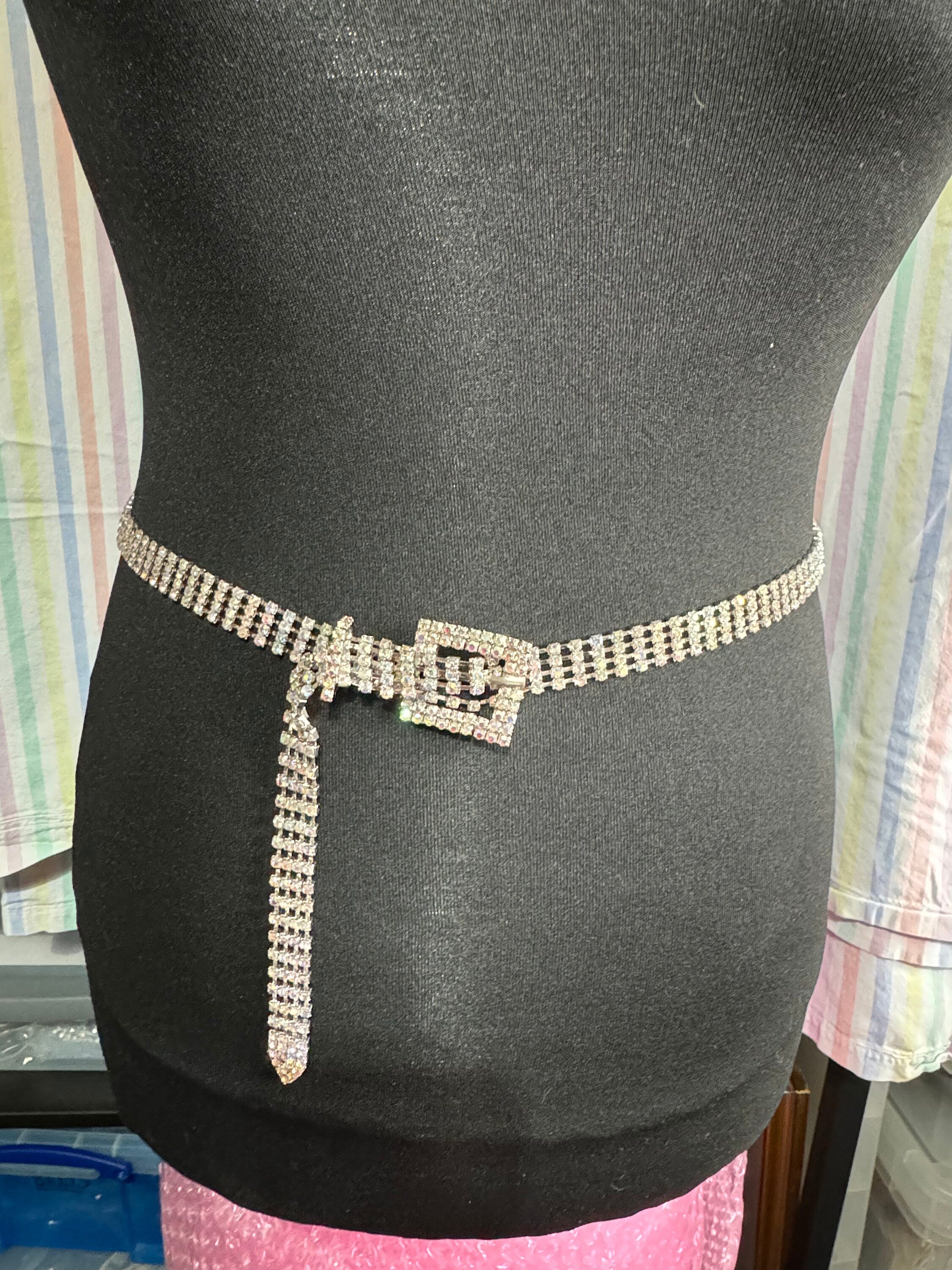 Ladies silver tone AB rainbow diamanté chain link belt adjustable to 102cm