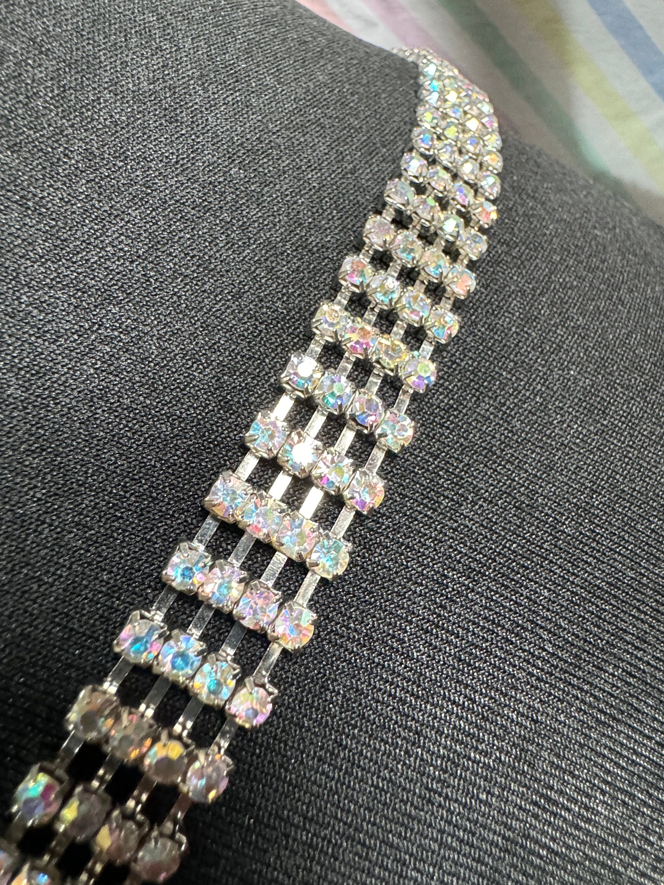 Ladies silver tone AB rainbow diamanté chain link belt adjustable to 102cm