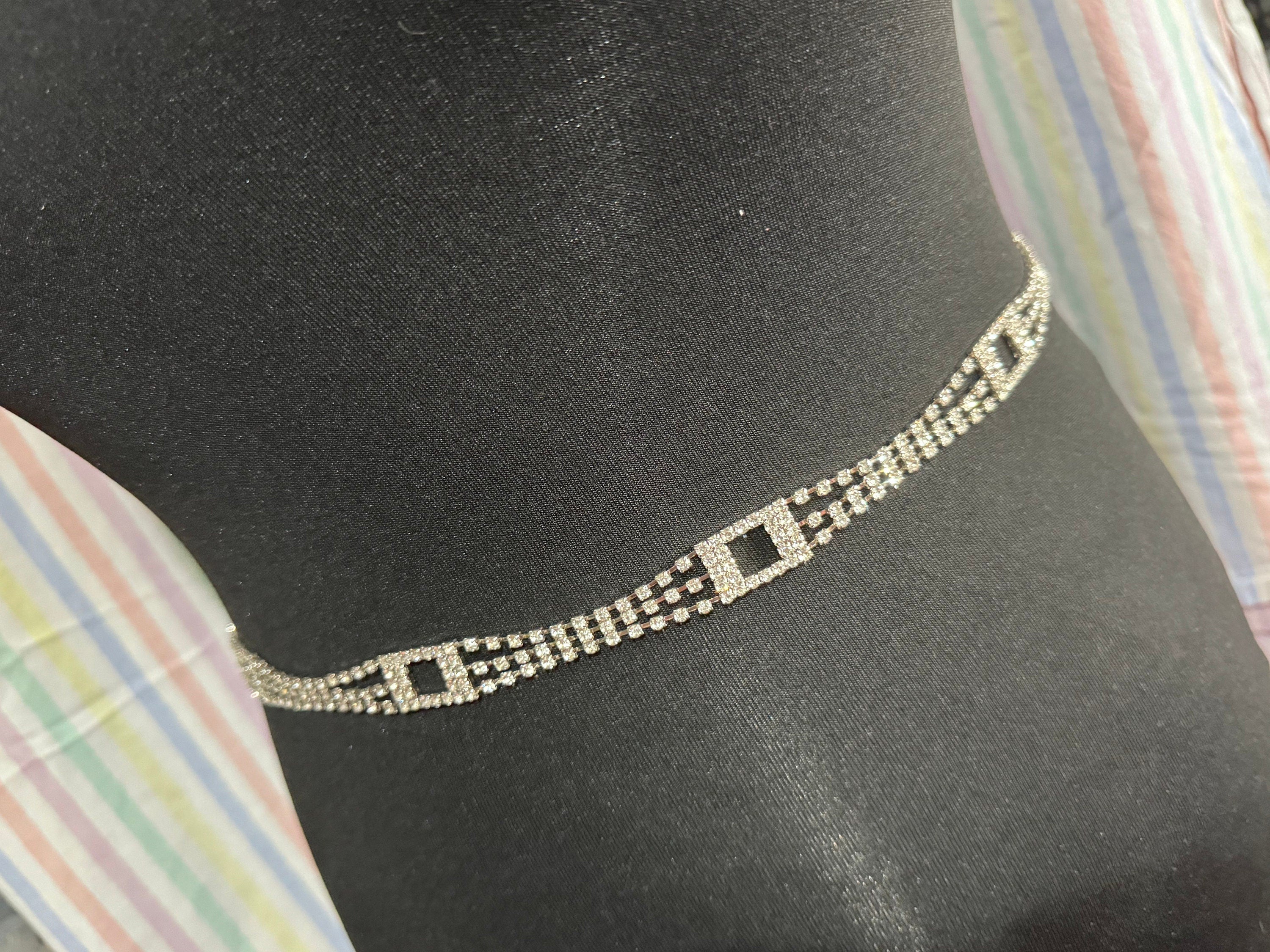 Ladies silver tone clear diamanté slim chain link belt adjustable to 88cm