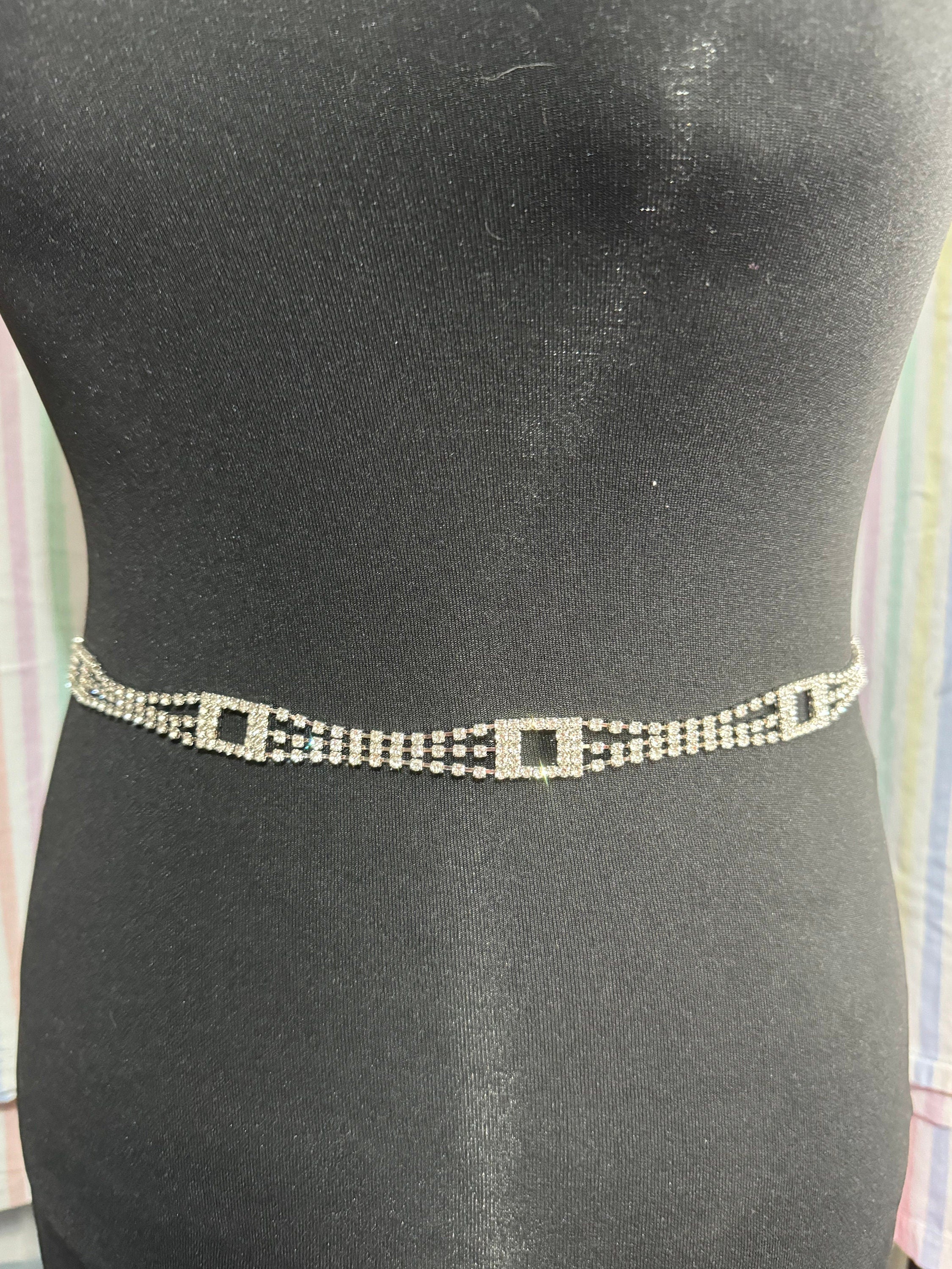 Ladies silver tone clear diamanté slim chain link belt adjustable to 88cm