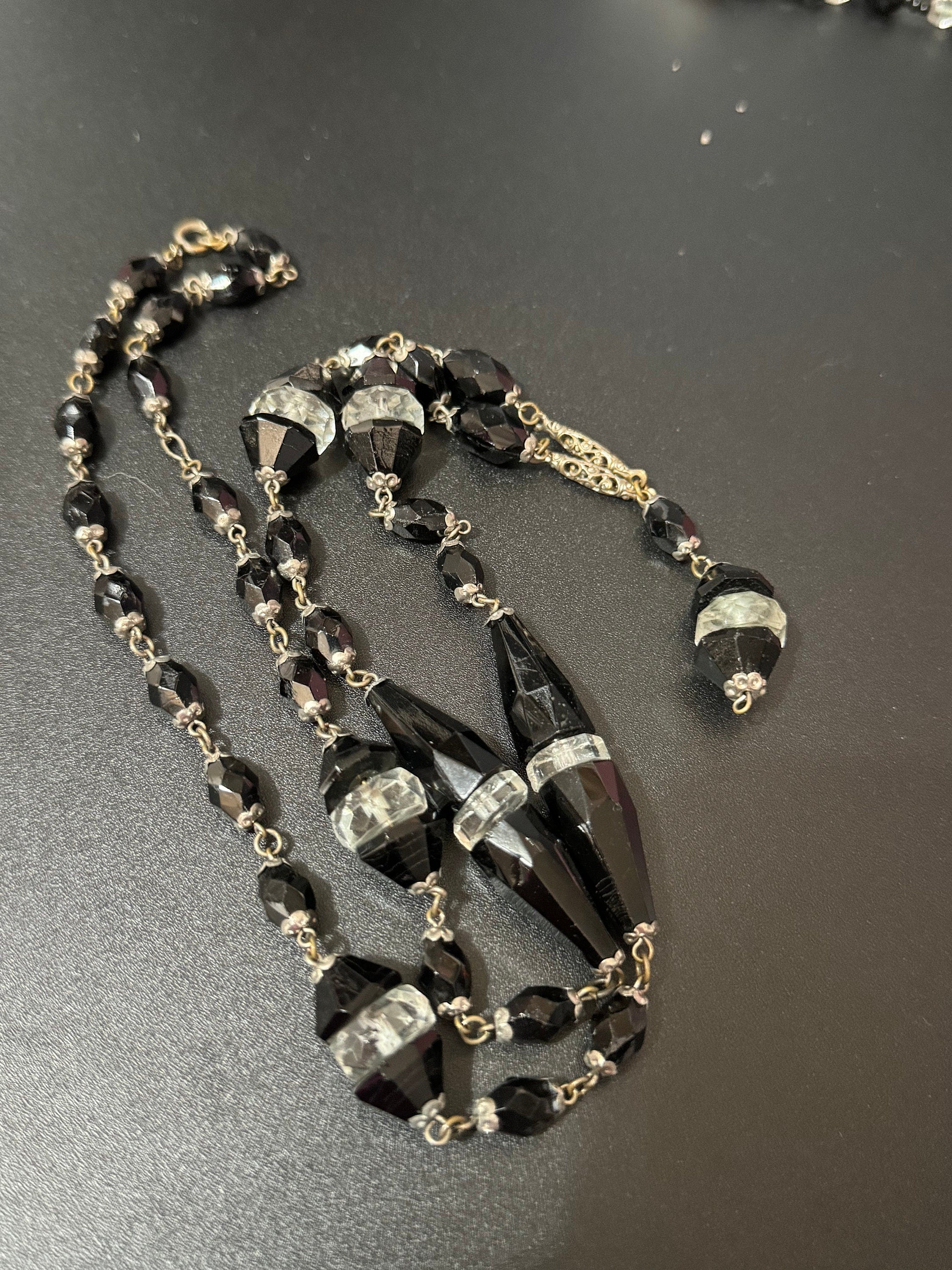 Antique art deco geometric heavy cut glass black clear beaded necklace monochrome 80cm