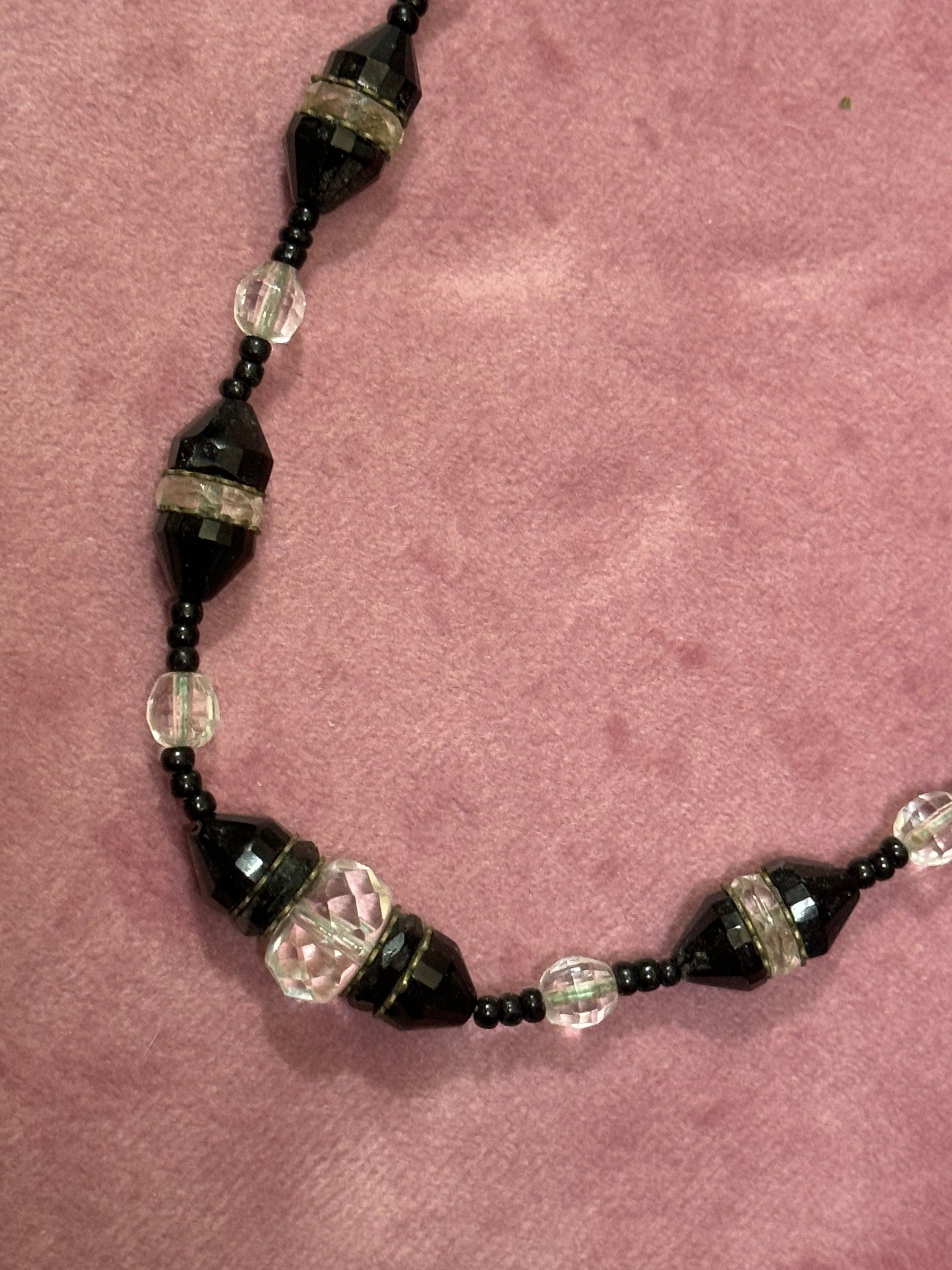 Antique art deco geometric heavy cut glass black clear beaded necklace monochrome 49cm