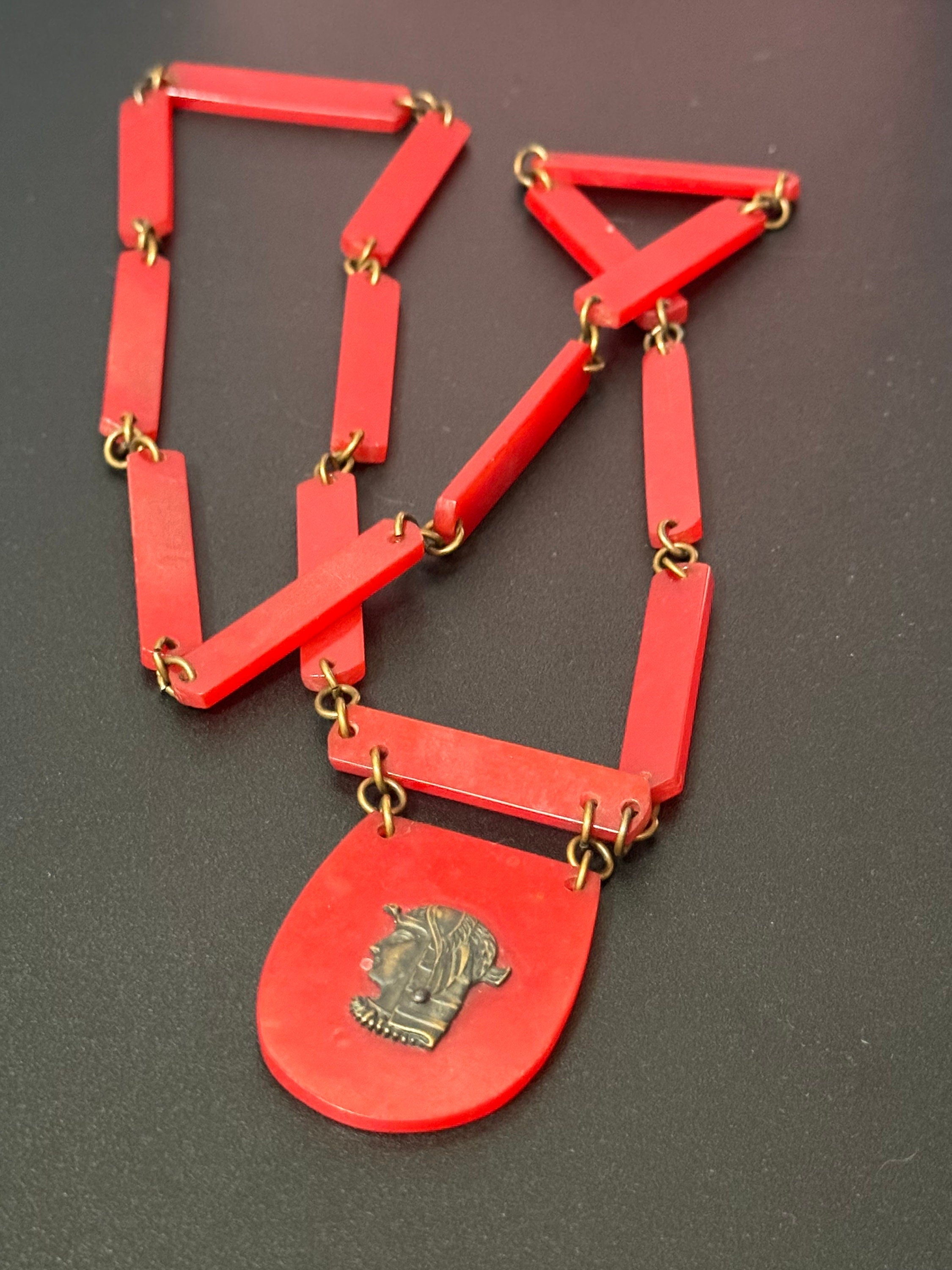 Antique Egyptian revival Art Deco very early plastic celluloid bright red long pendant station necklace 75cm