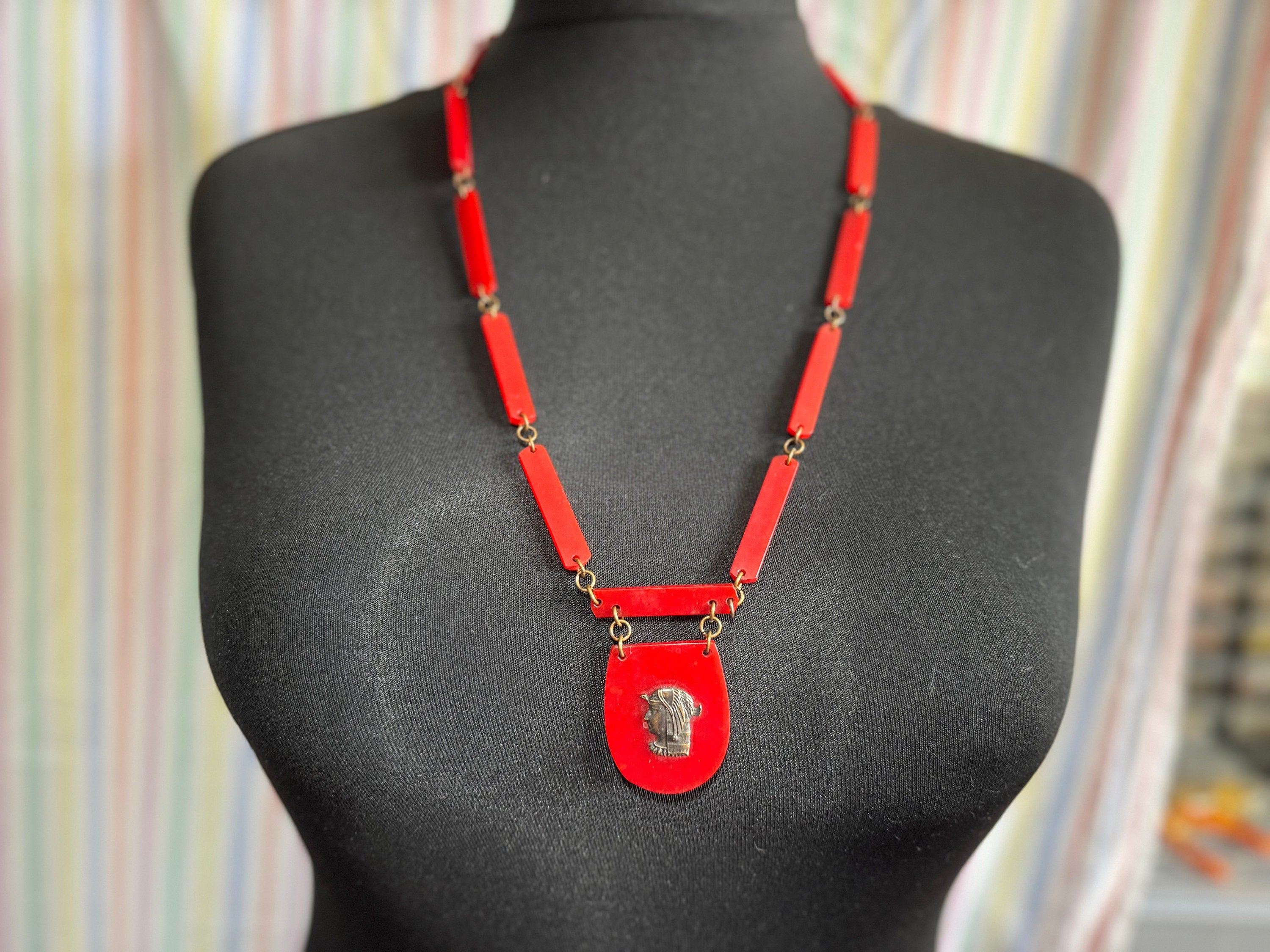 Antique Egyptian revival Art Deco very early plastic celluloid bright red long pendant station necklace 75cm