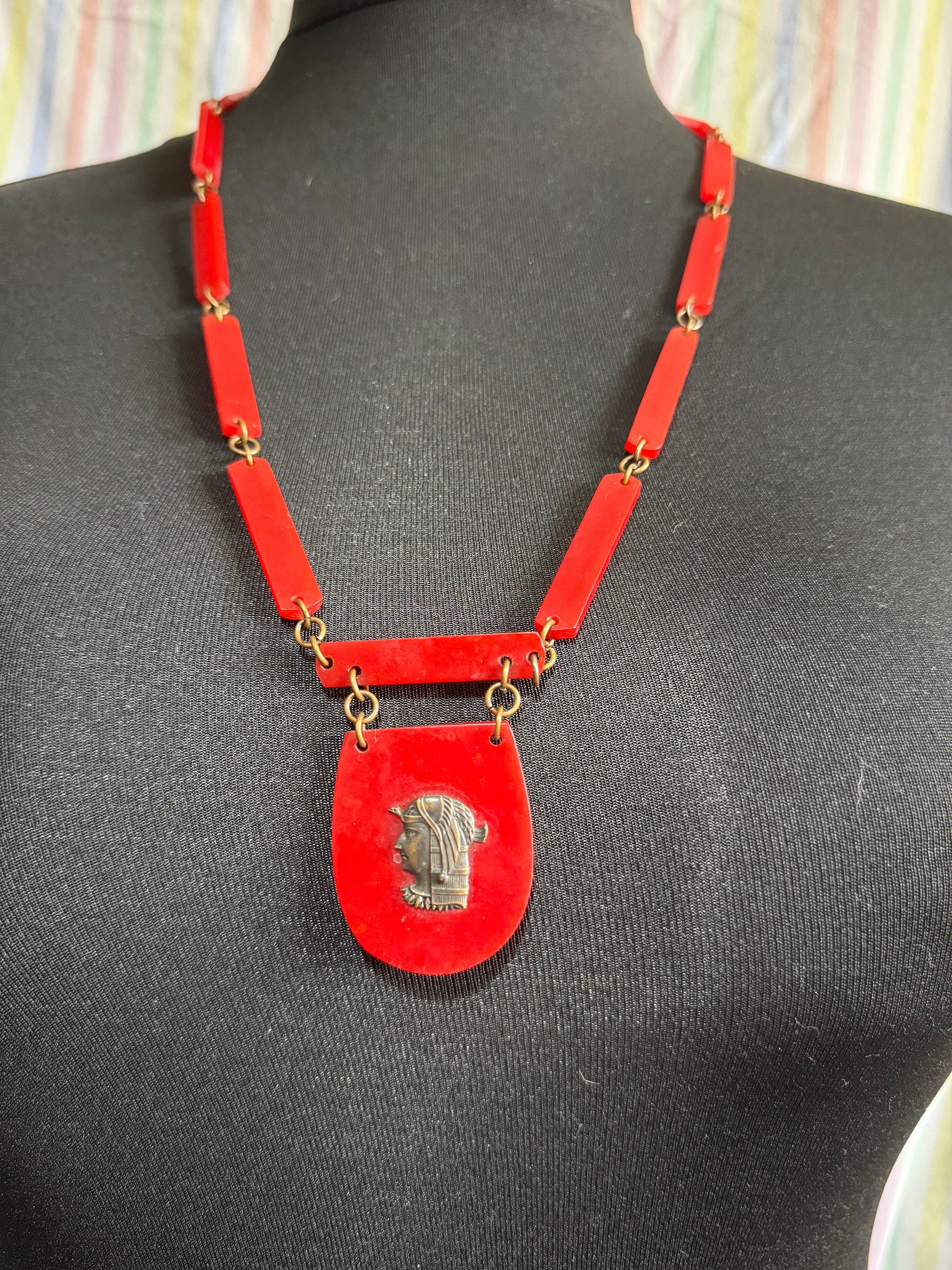 Antique Egyptian revival Art Deco very early plastic celluloid bright red long pendant station necklace 75cm