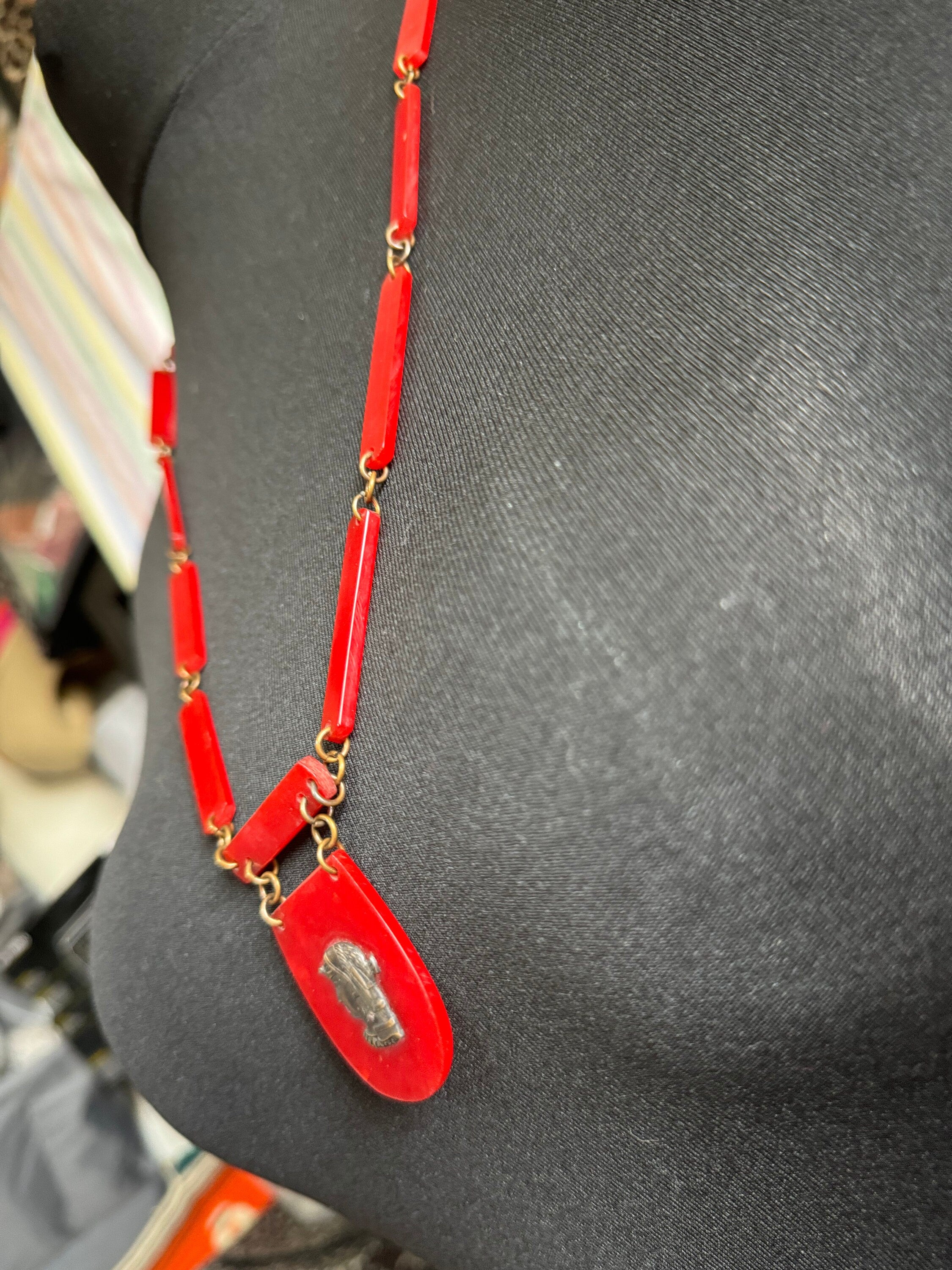 Antique Egyptian revival Art Deco very early plastic celluloid bright red long pendant station necklace 75cm