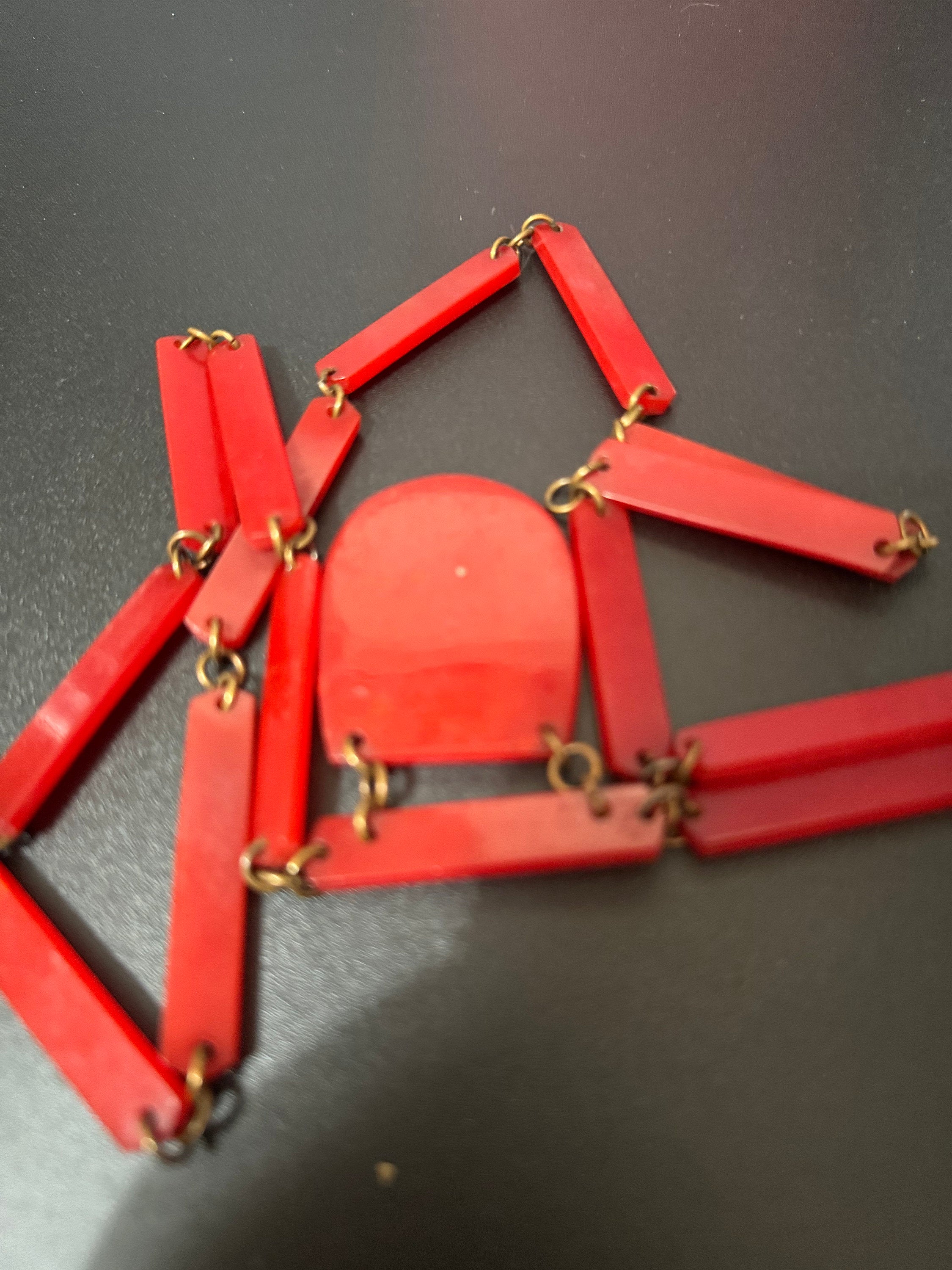 Antique Egyptian revival Art Deco very early plastic celluloid bright red long pendant station necklace 75cm