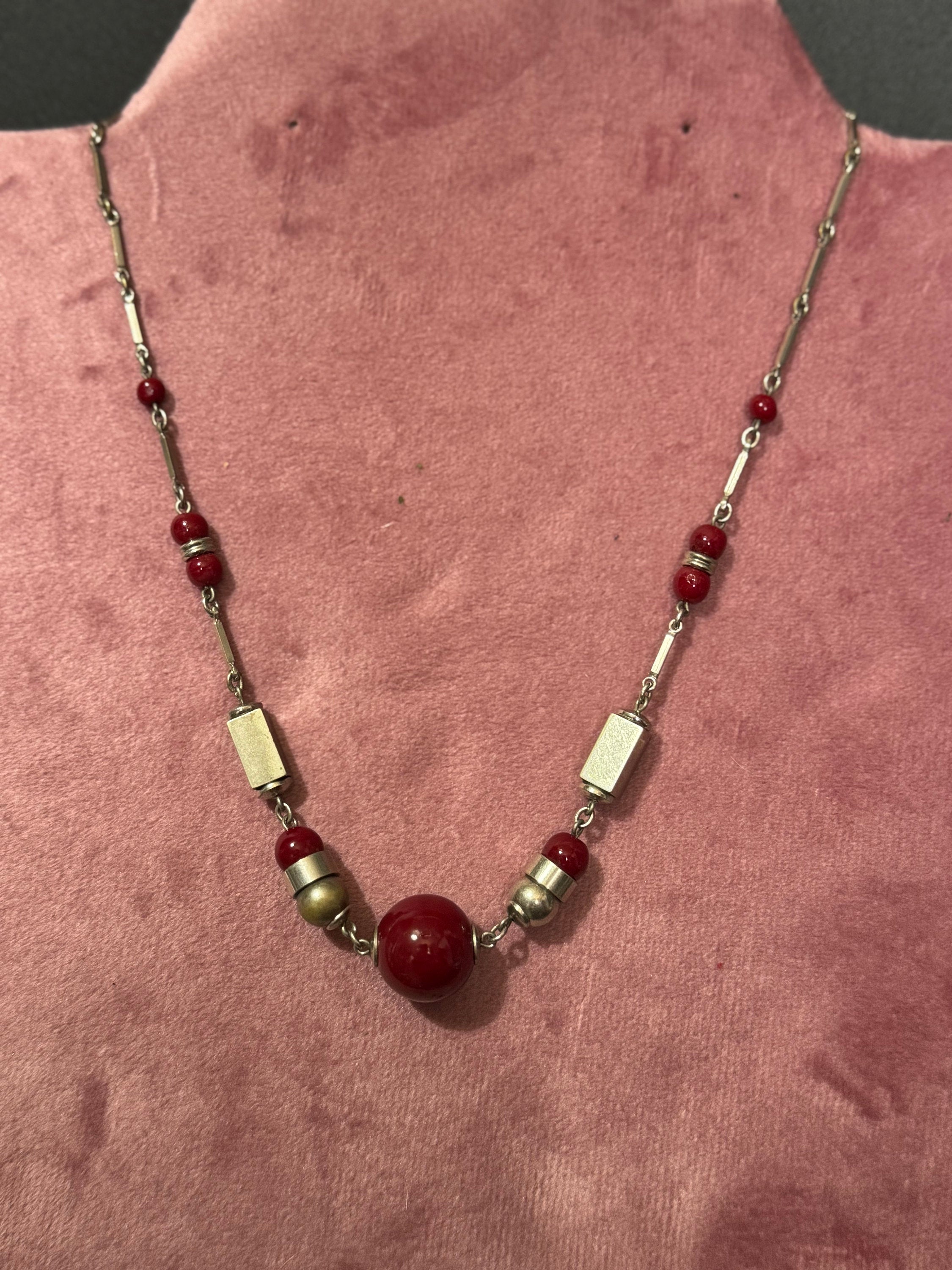 Czech silver Chromed deep dark red beaded necklace 1920s art deco