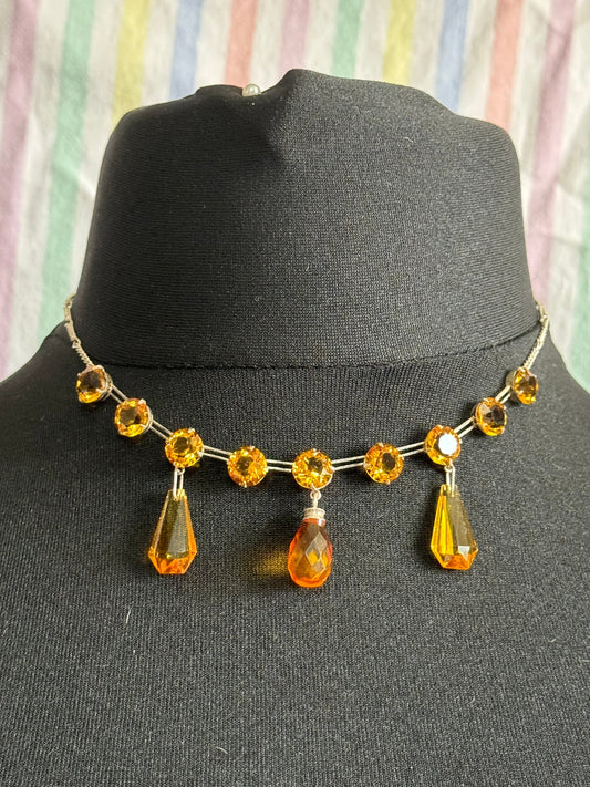 As found Art Deco open back crystal amber orange citrine glass squares antique necklace drop 1900s 1920s