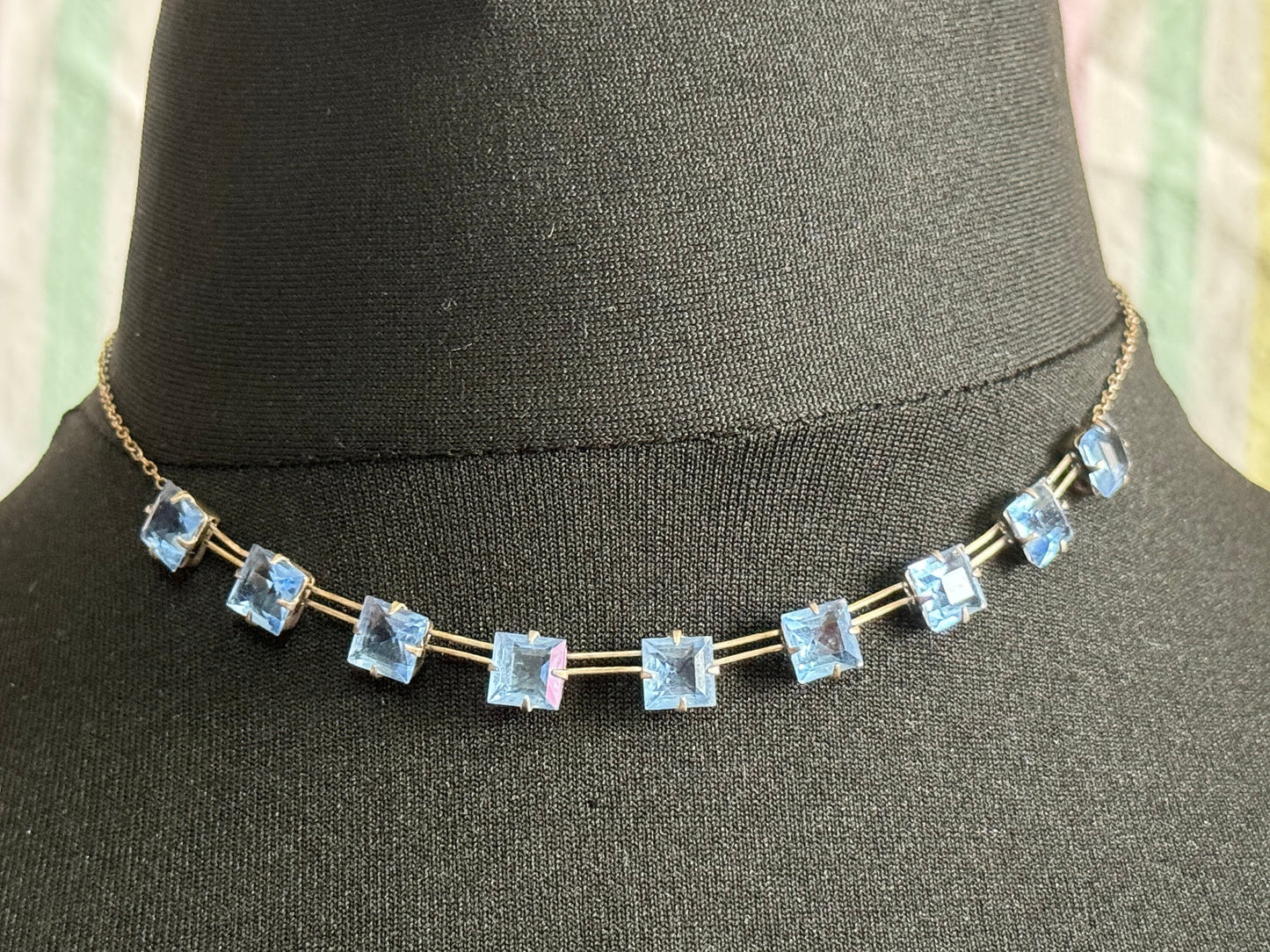 Art Deco Czech Open Back sapphire blue Crystal Silver Necklace Vintage Antique 1920s 41cm