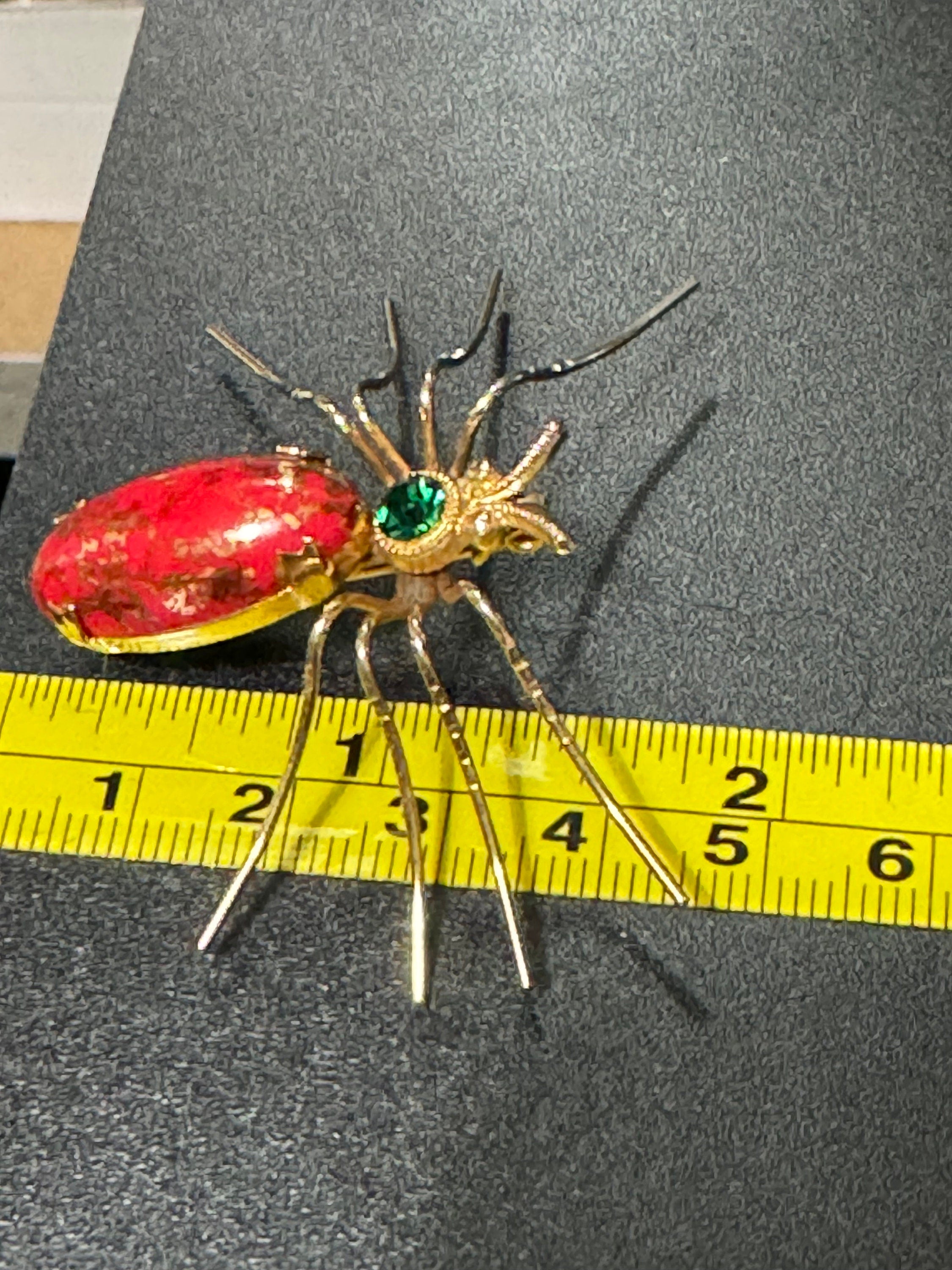 Vintage Bug spider Brooch gold Tone with large oval red gilt cabochon insect