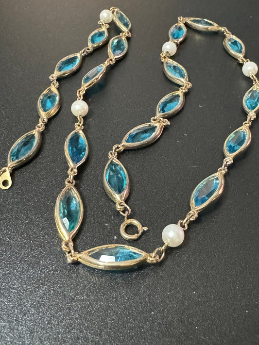 Faux pearl Rivière bezel set sapphire blue glass faceted glass crystal gold plated mariner link chain necklace 57cm length