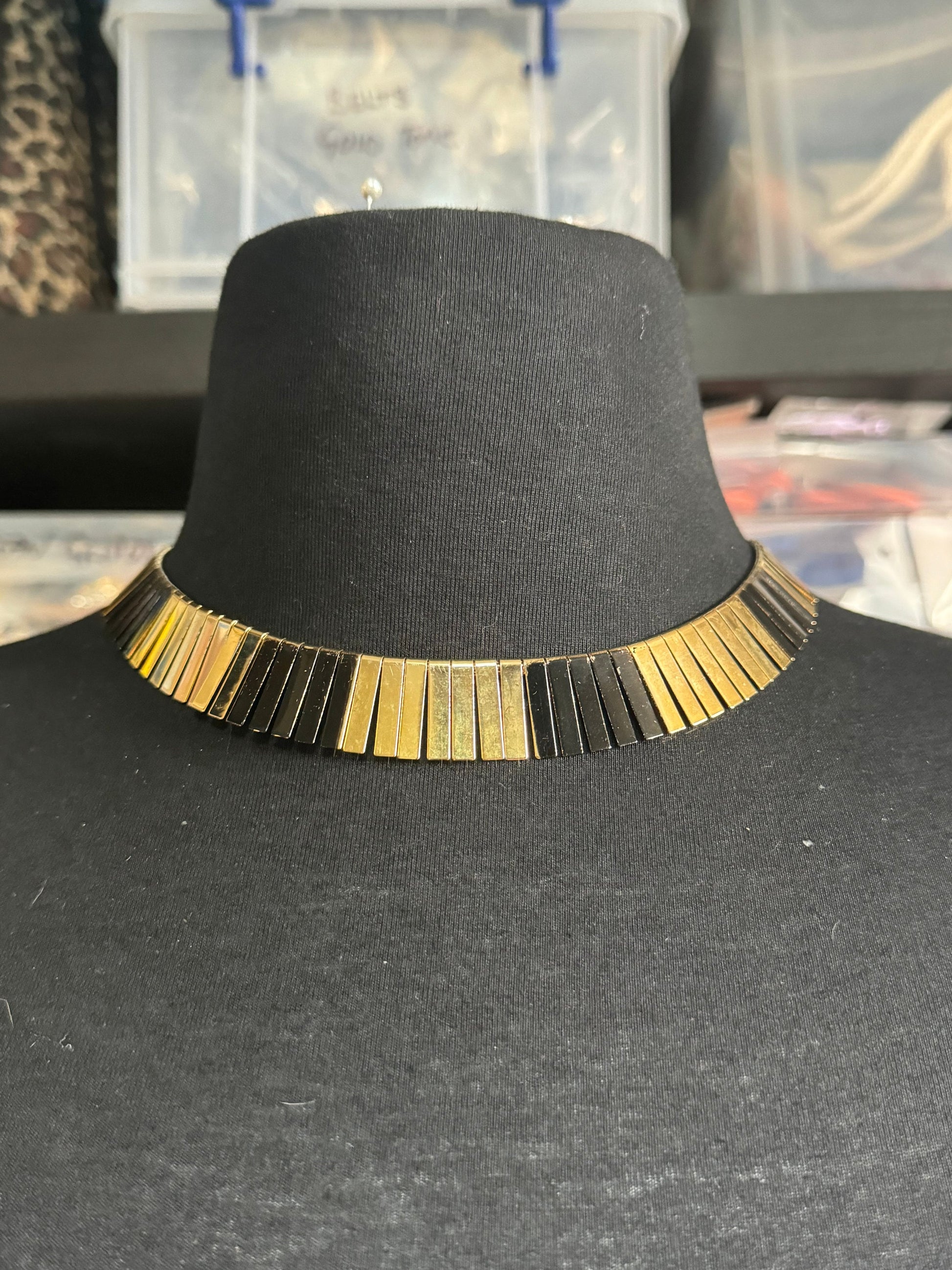 Black and gold vintage Egyptian Revival Cleopatra Necklace fringed Wide Link Runway Statement Choker