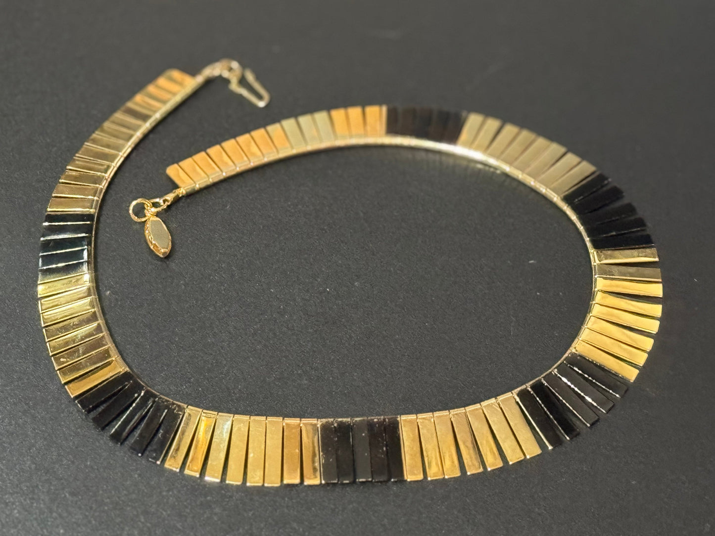 Black and gold vintage Egyptian Revival Cleopatra Necklace fringed Wide Link Runway Statement Choker