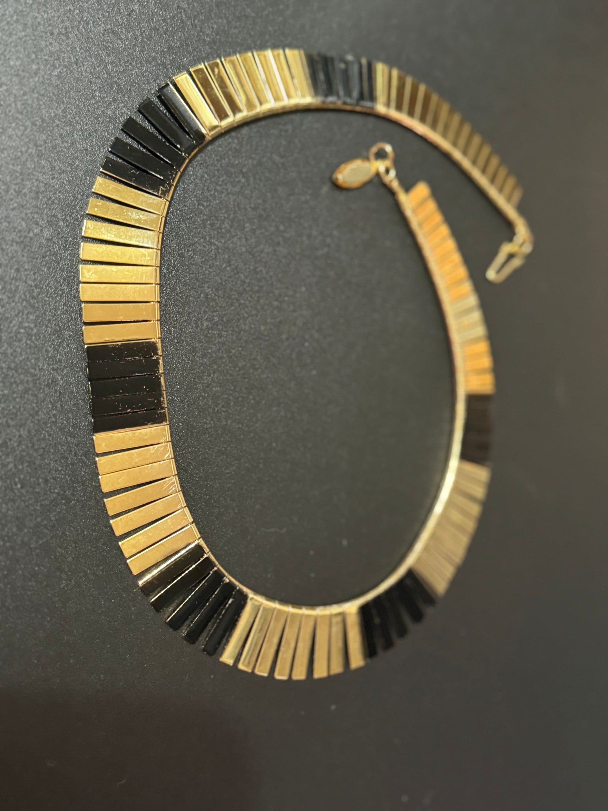 Black and gold vintage Egyptian Revival Cleopatra Necklace fringed Wide Link Runway Statement Choker