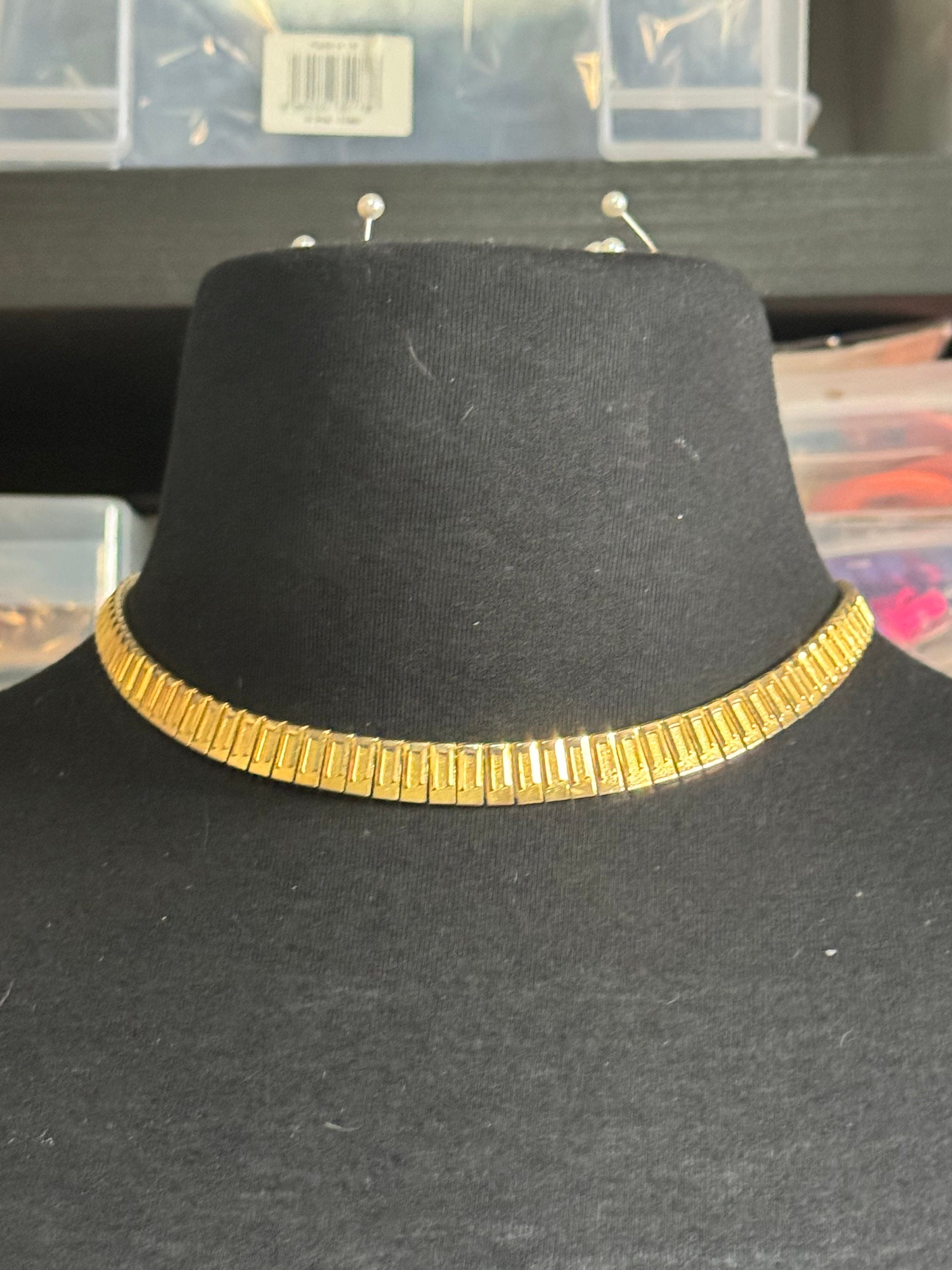 Vintage Egyptian Revival Cleopatra gold Played Necklace fringe Link Runway Statement Choker