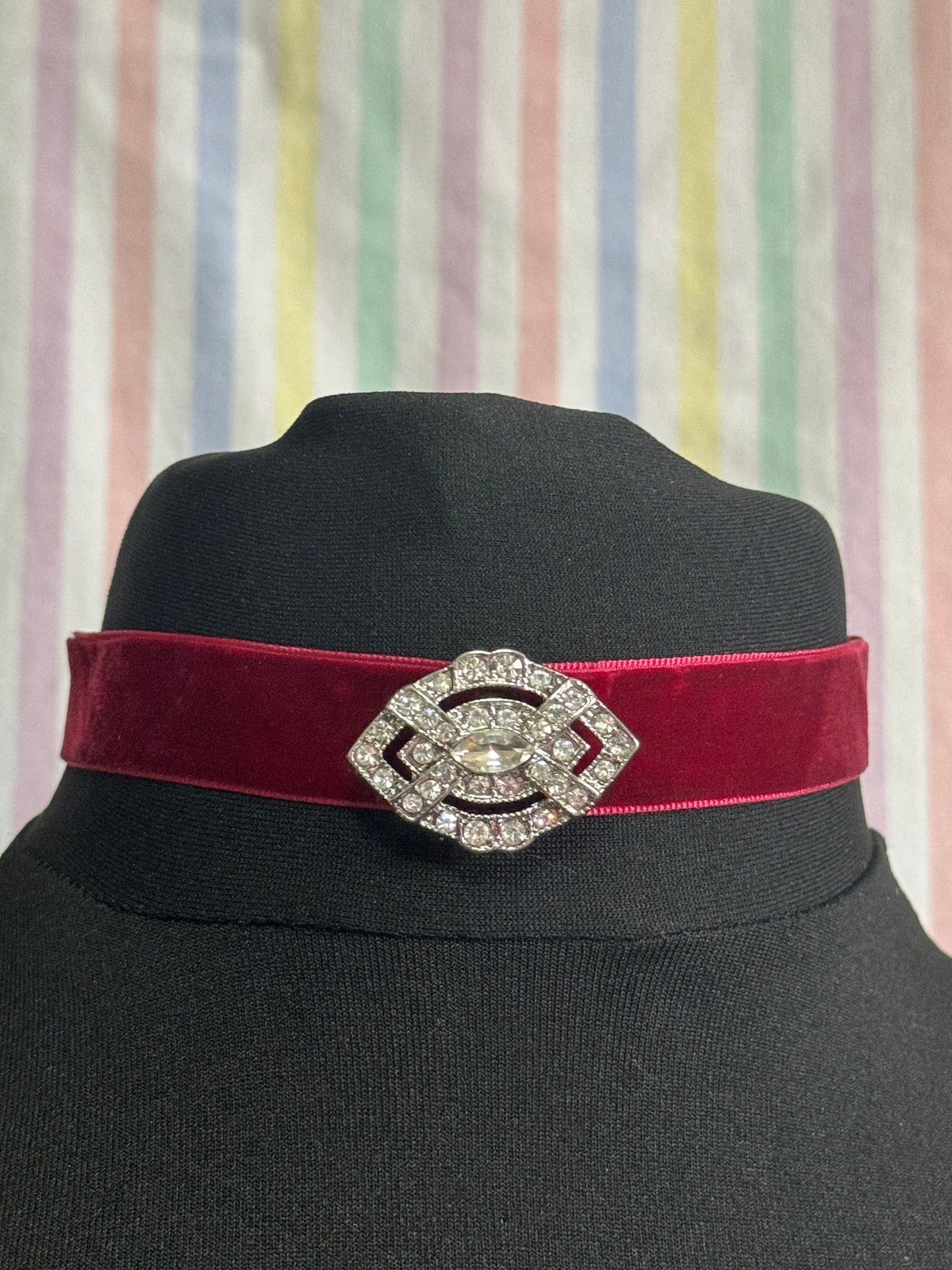 Berry dark red velvet choker necklace with clear diamanté slider retro old shop stock