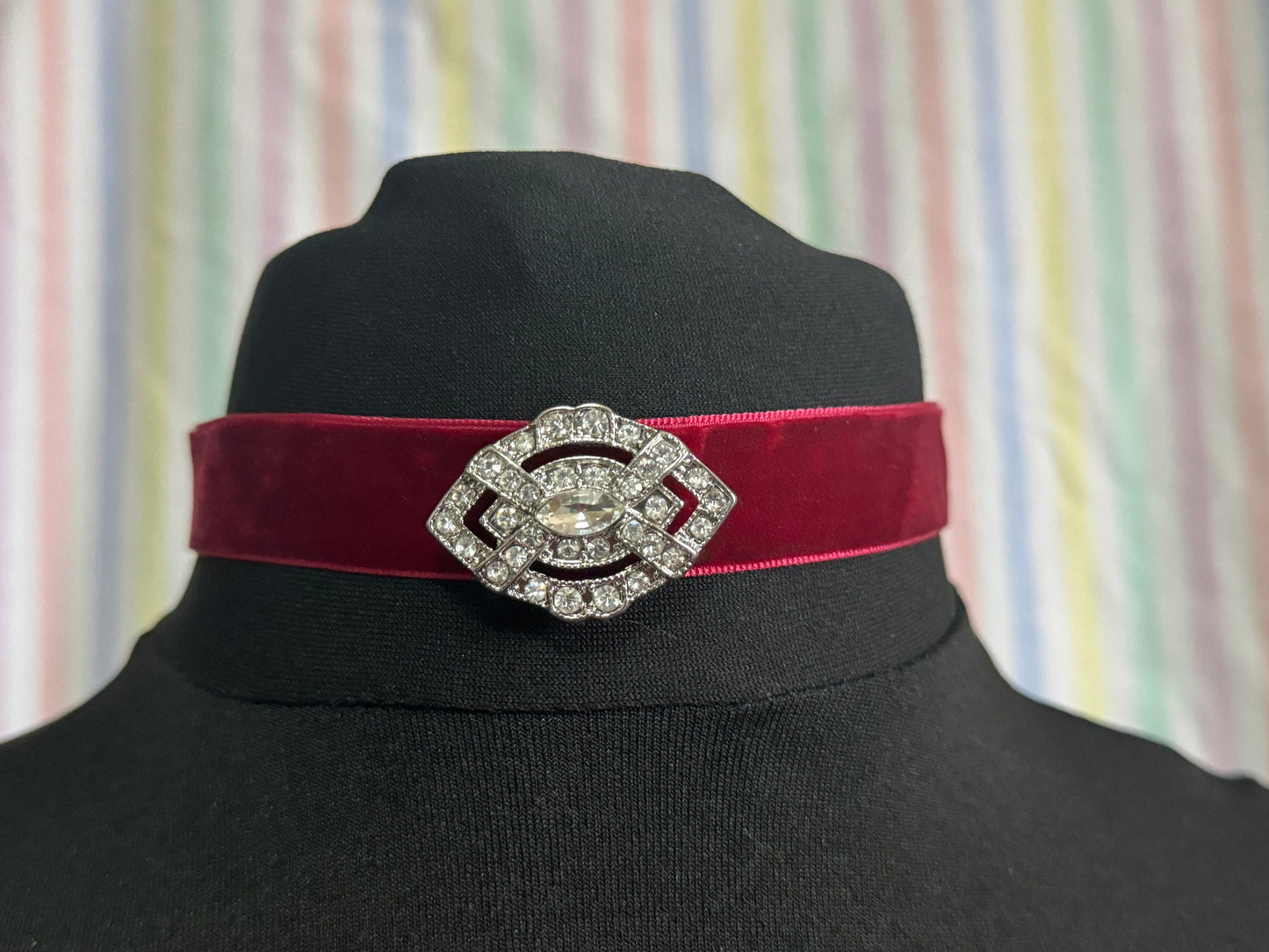 Berry dark red velvet choker necklace with clear diamanté slider retro old shop stock