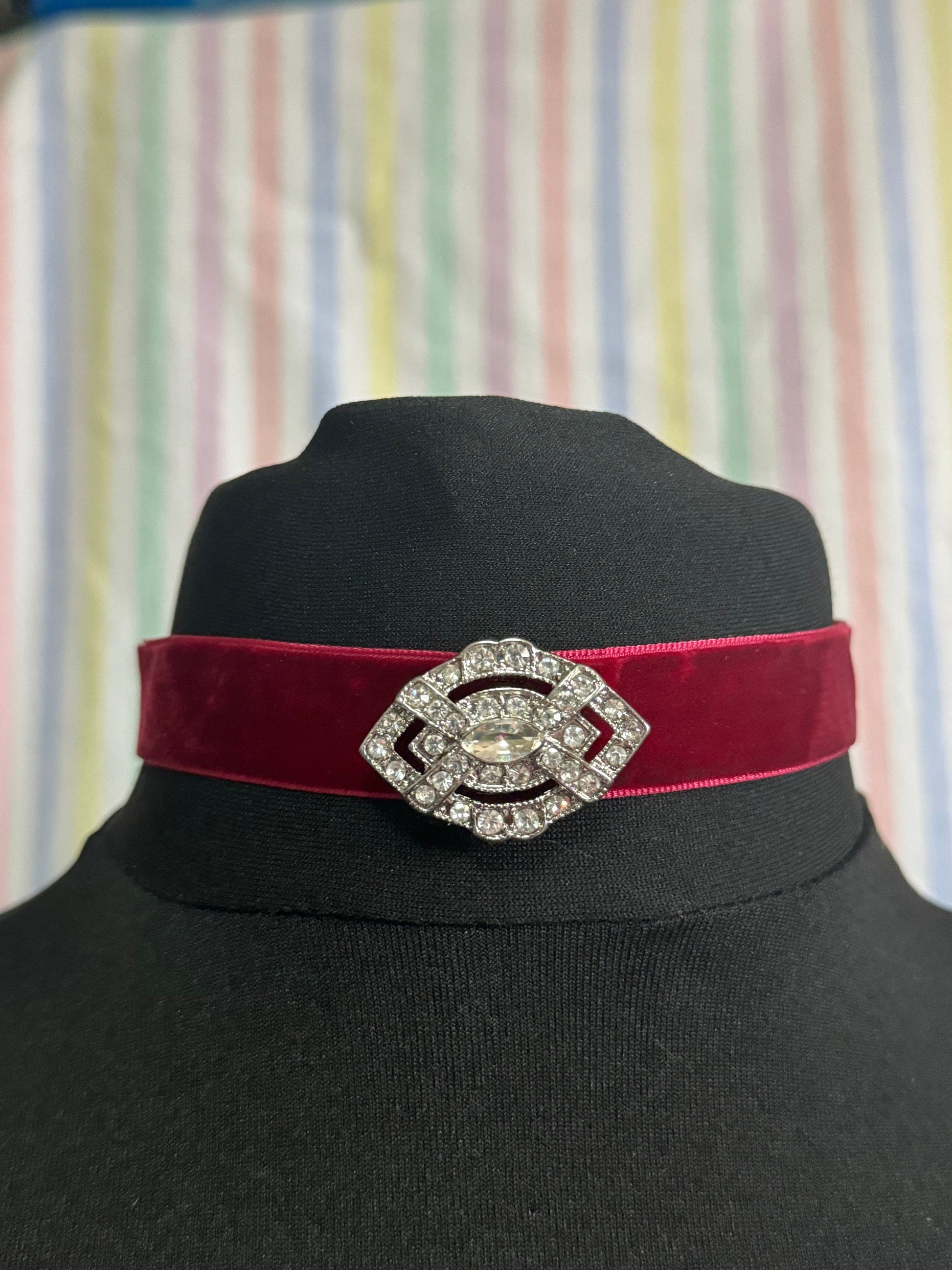 Berry dark red velvet choker necklace with clear diamanté slider retro old shop stock