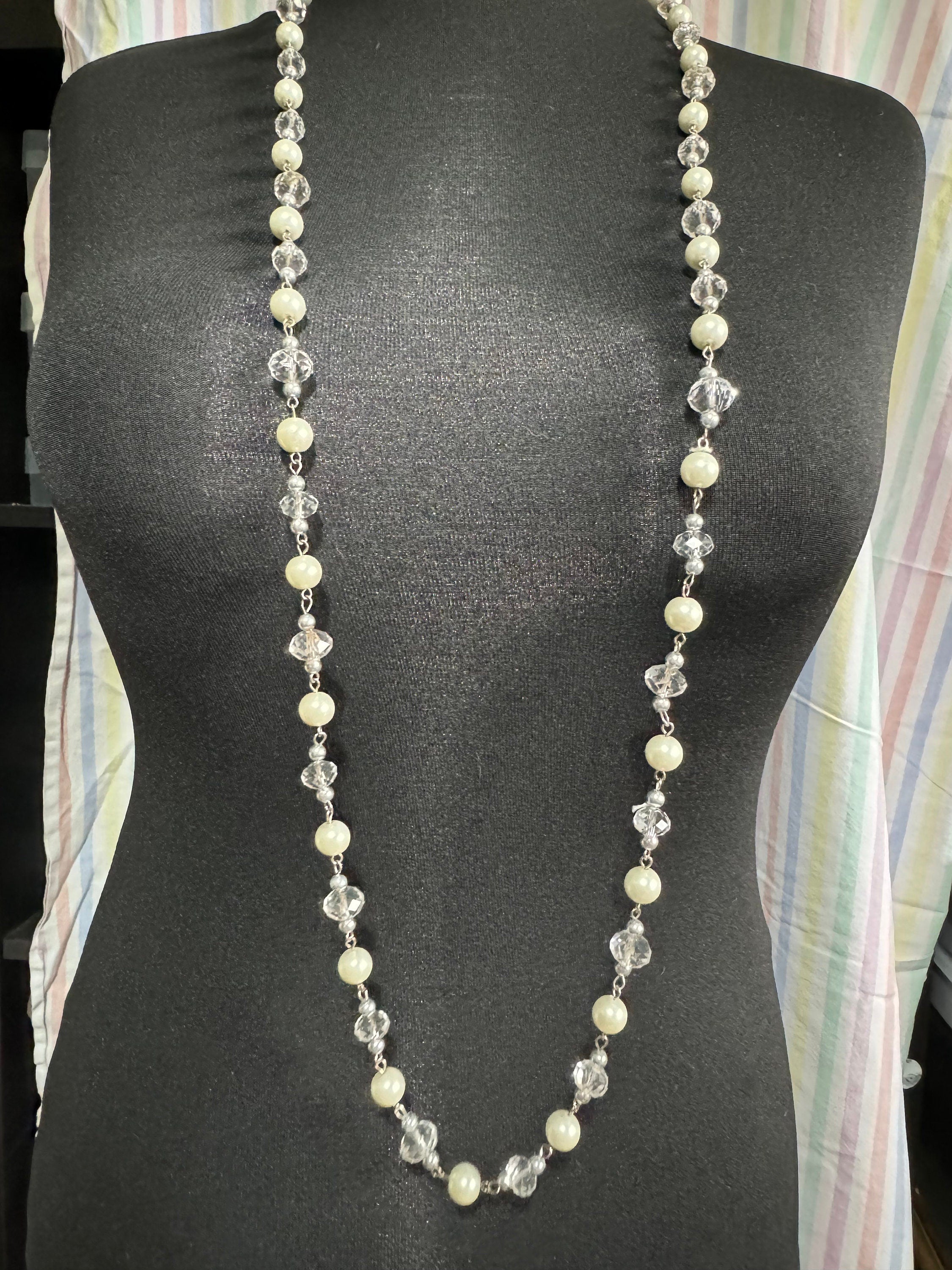 Retro long Glass beaded white pearl and clear crystal beaded layering necklace flapper 120cm