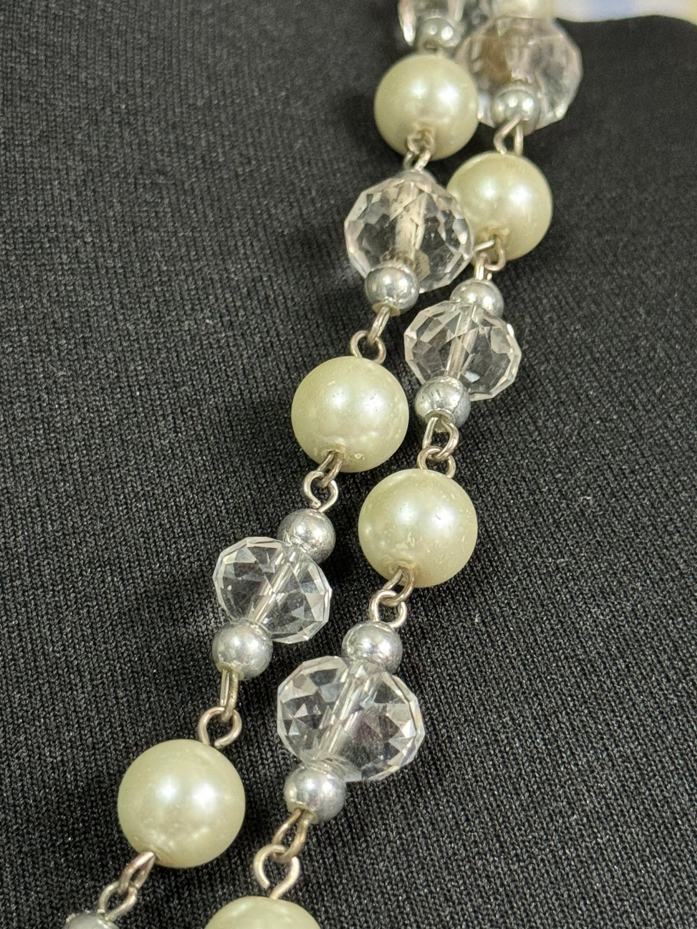 Retro long Glass beaded white pearl and clear crystal beaded layering necklace flapper 120cm