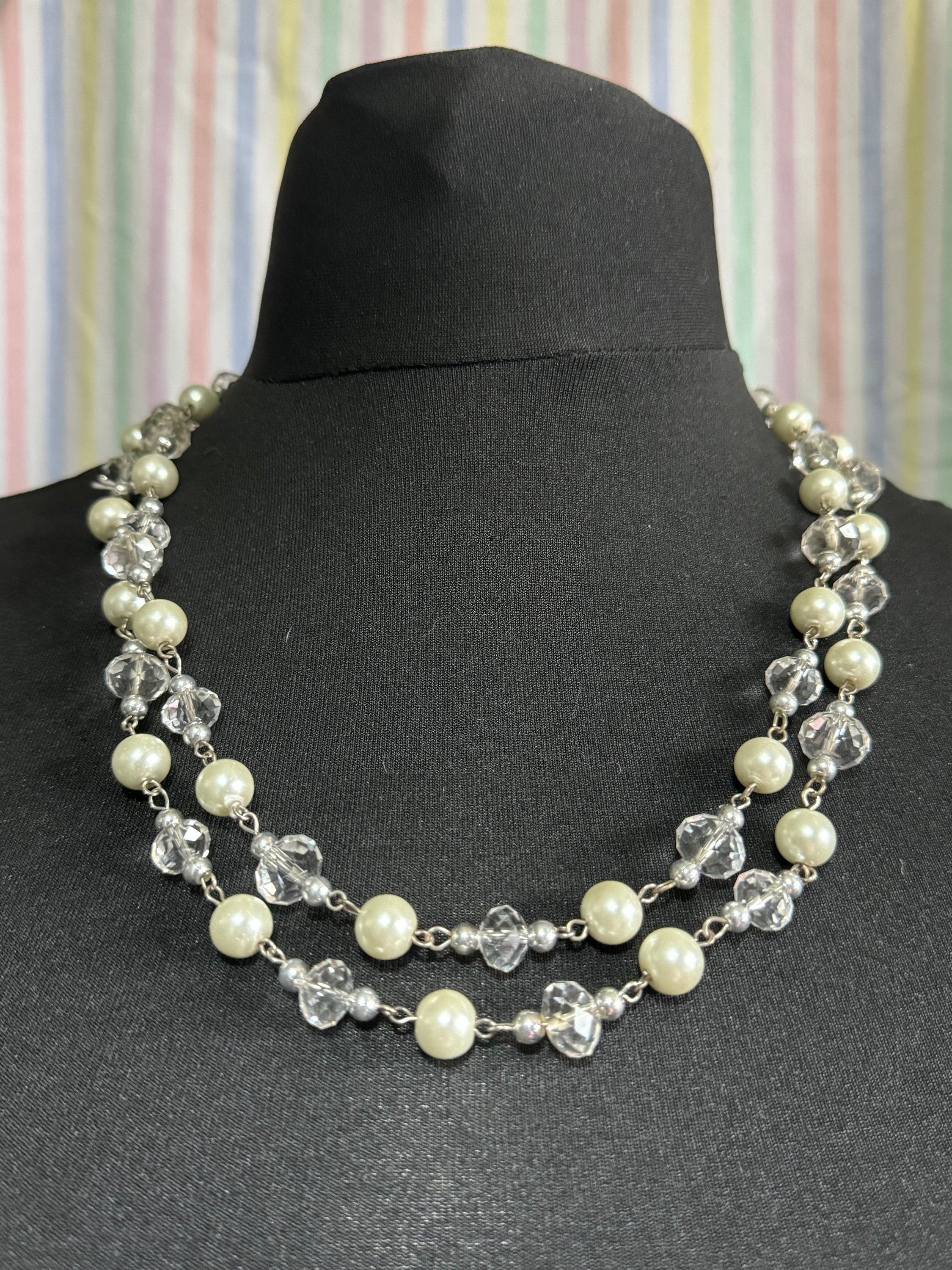 Retro long Glass beaded white pearl and clear crystal beaded layering necklace flapper 120cm