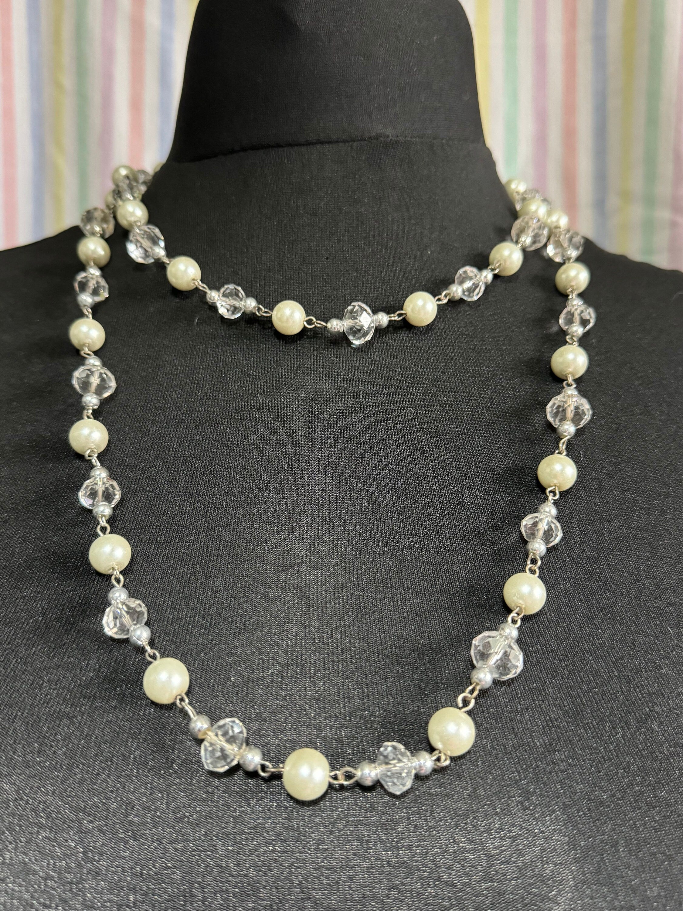 Retro long Glass beaded white pearl and clear crystal beaded layering necklace flapper 120cm