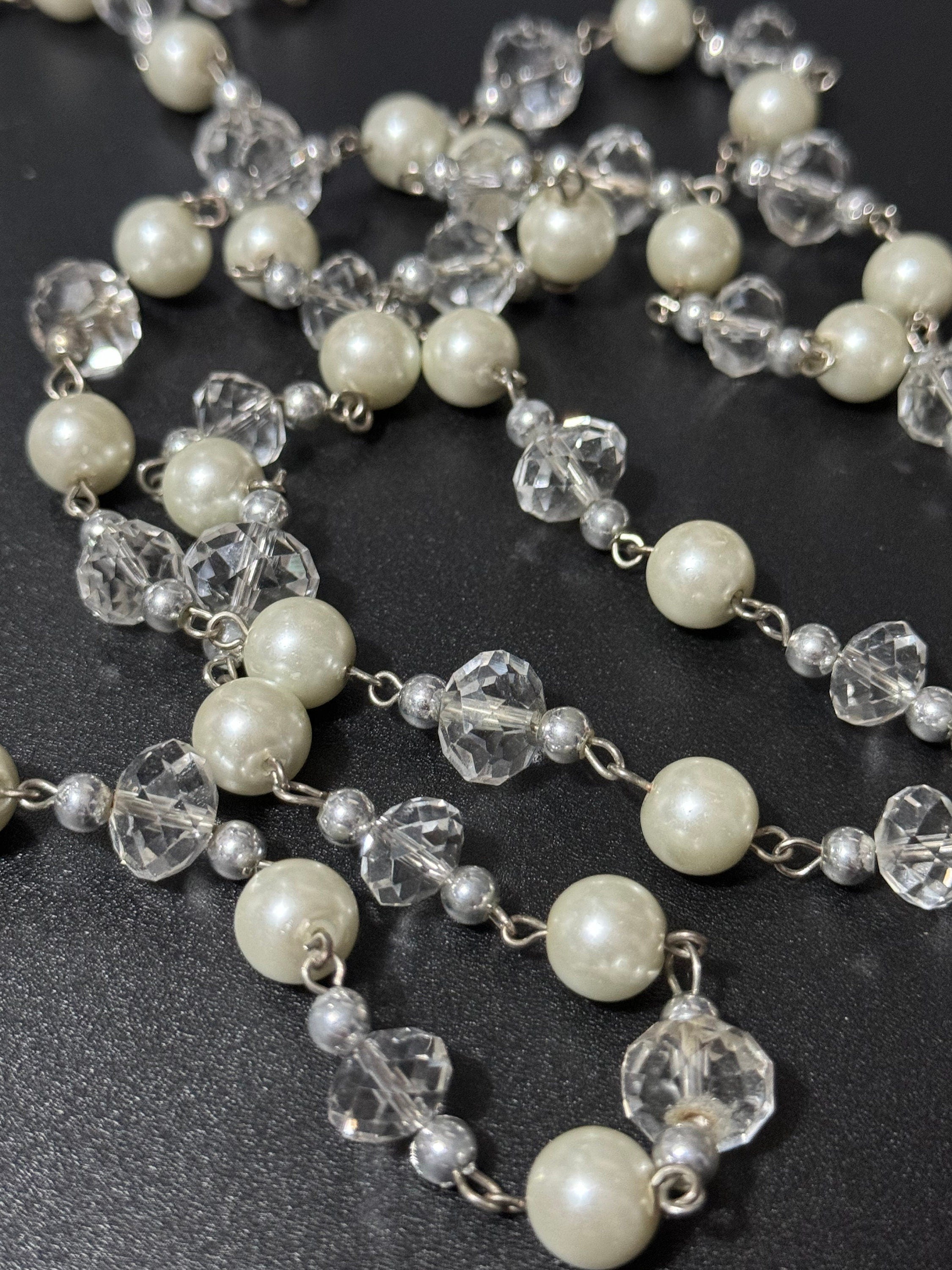 Retro long Glass beaded white pearl and clear crystal beaded layering necklace flapper 120cm