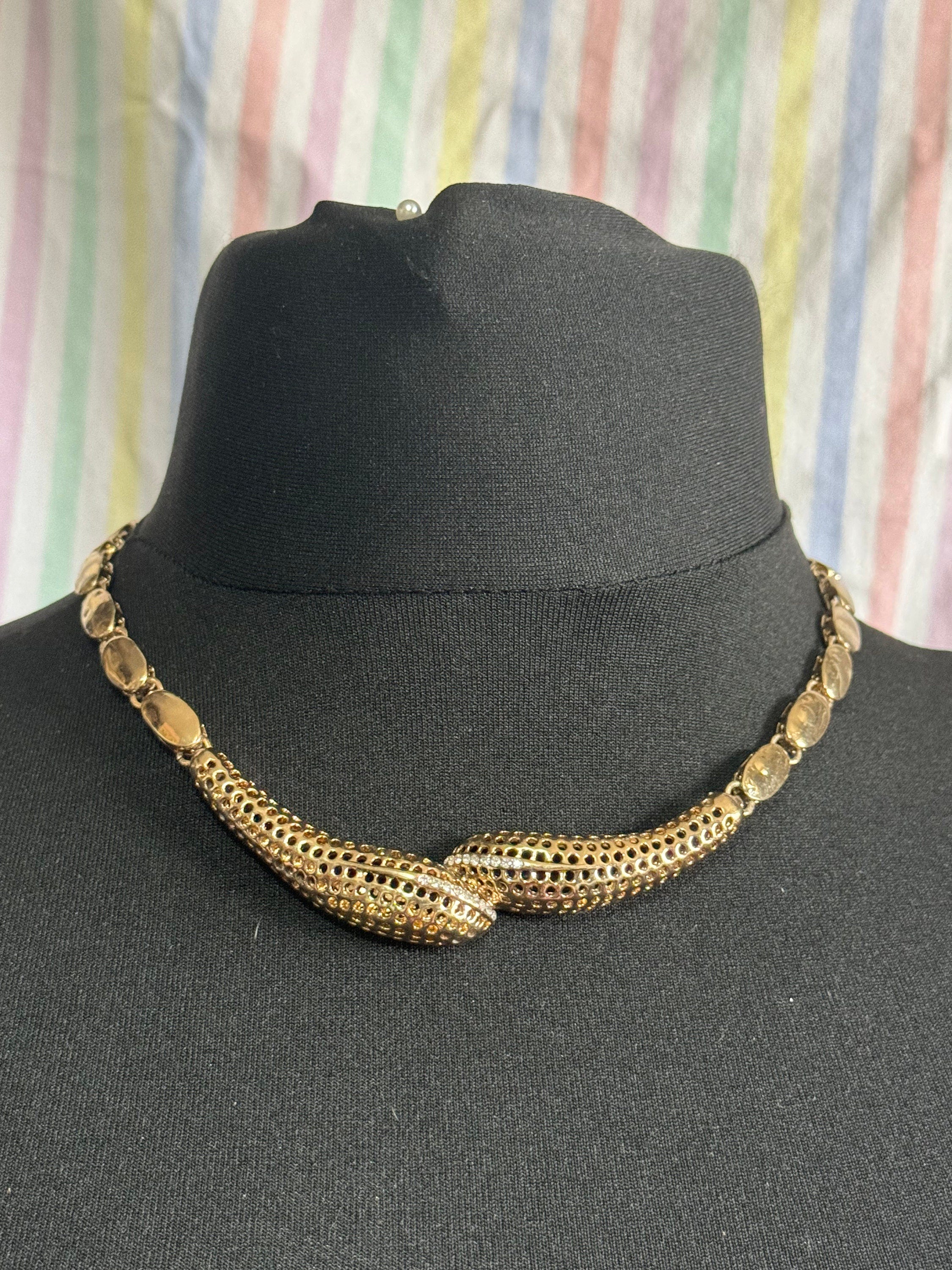 Vintage snake choker gold tone Clear glass diamanté necklace