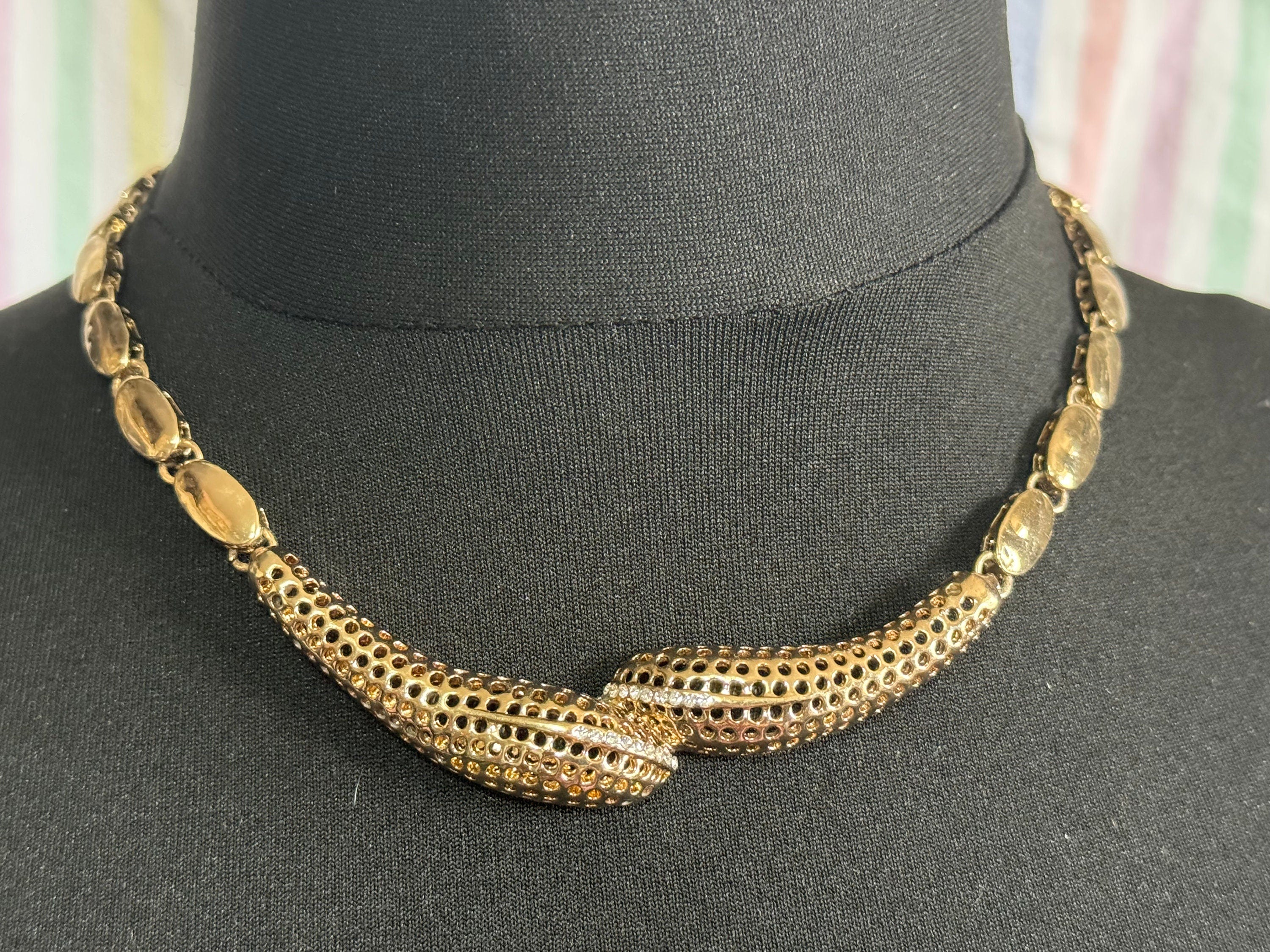 Vintage snake choker gold tone Clear glass diamanté necklace