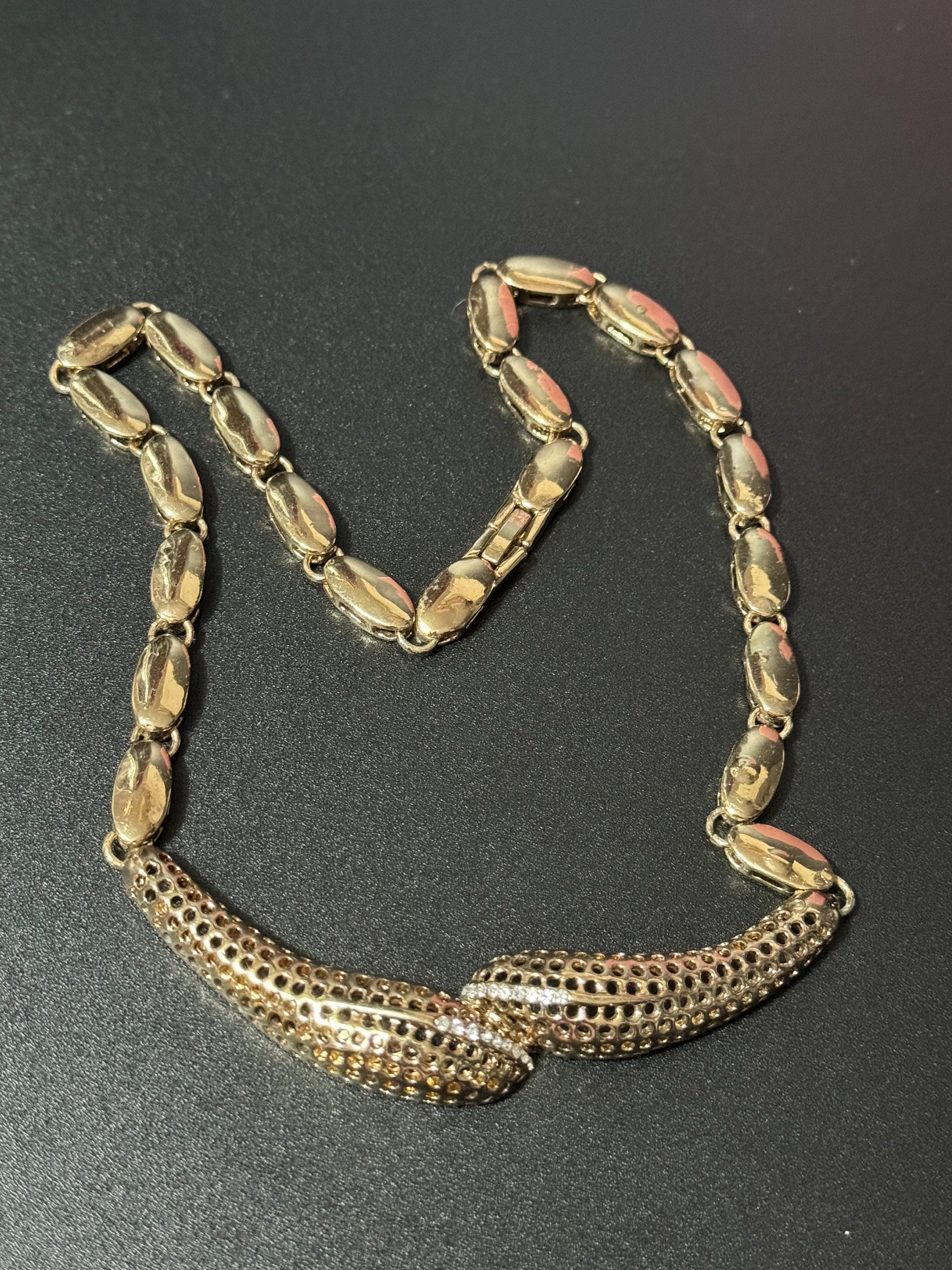 Vintage snake choker gold tone Clear glass diamanté necklace