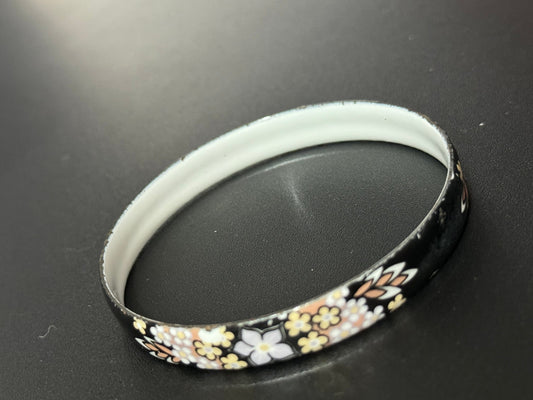 Austrian Vintage Michaela Frey black white and brown enamel antique style floral bangle from Austria