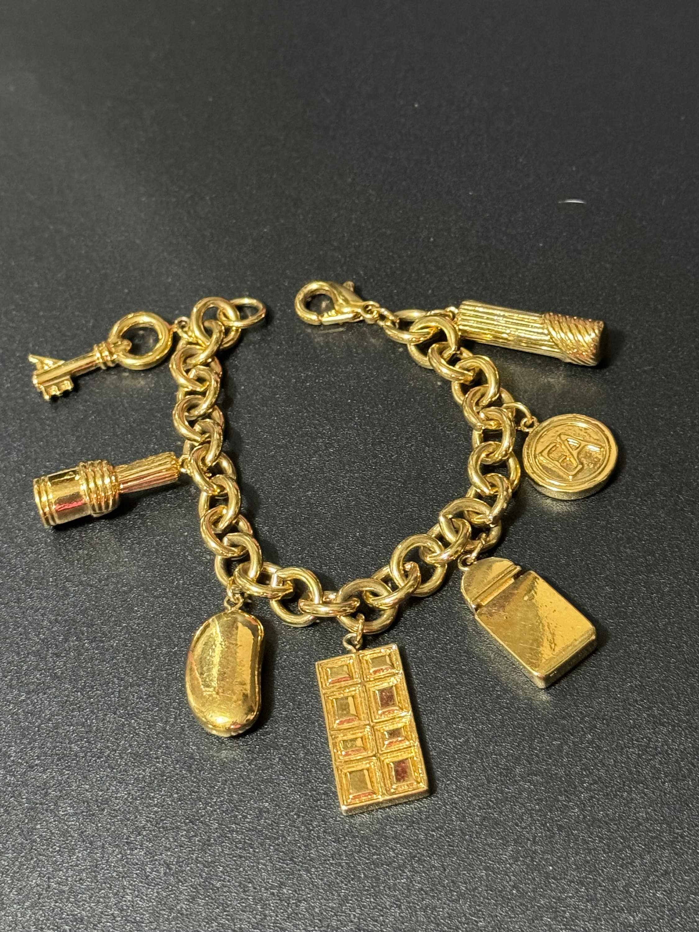 Signed Elizabeth Arden novelty cosmetics lipstick perfume scent charm bracelet gold plated