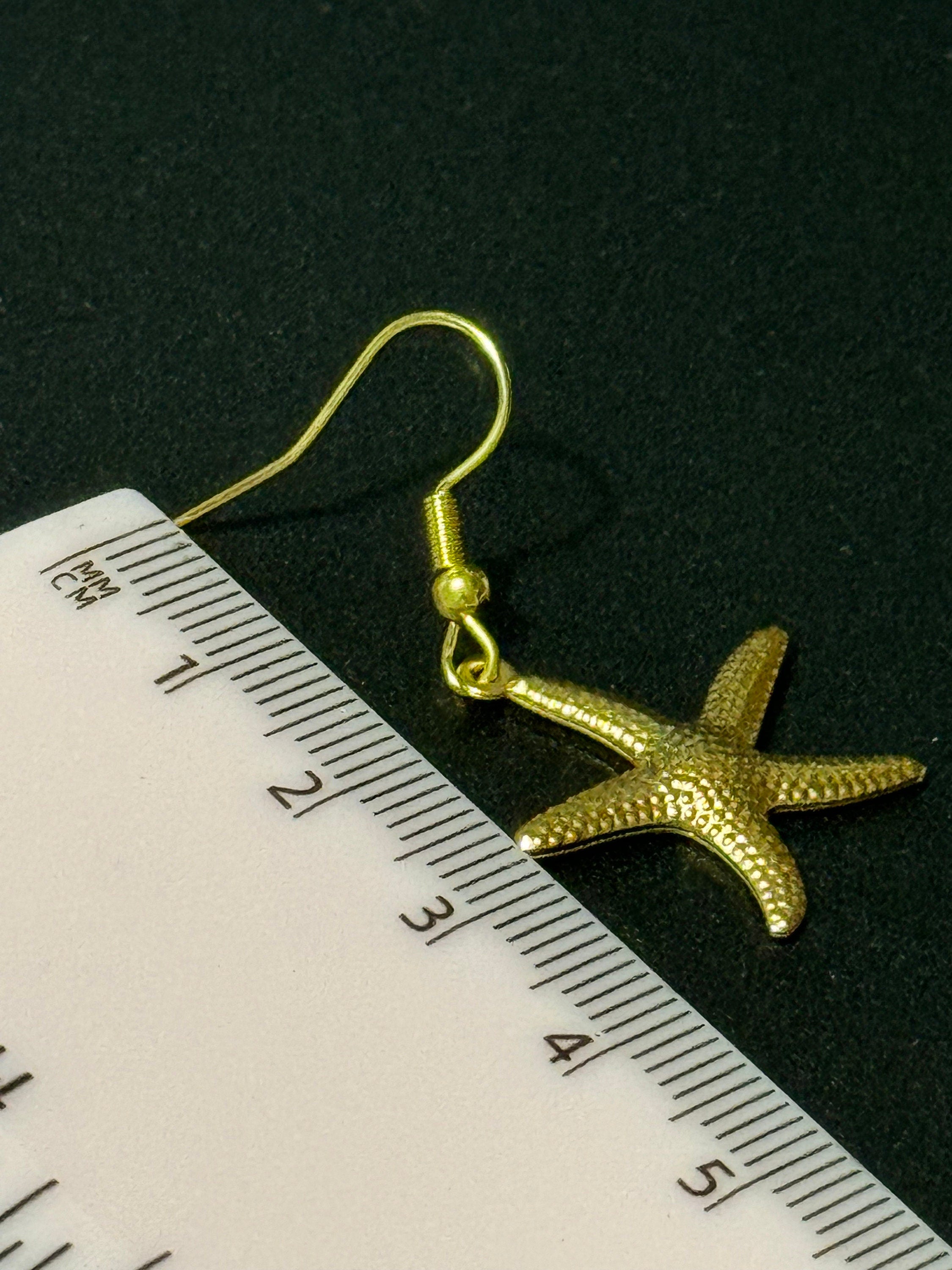 Nautical gold tone starfish small drop earrings pierced ears